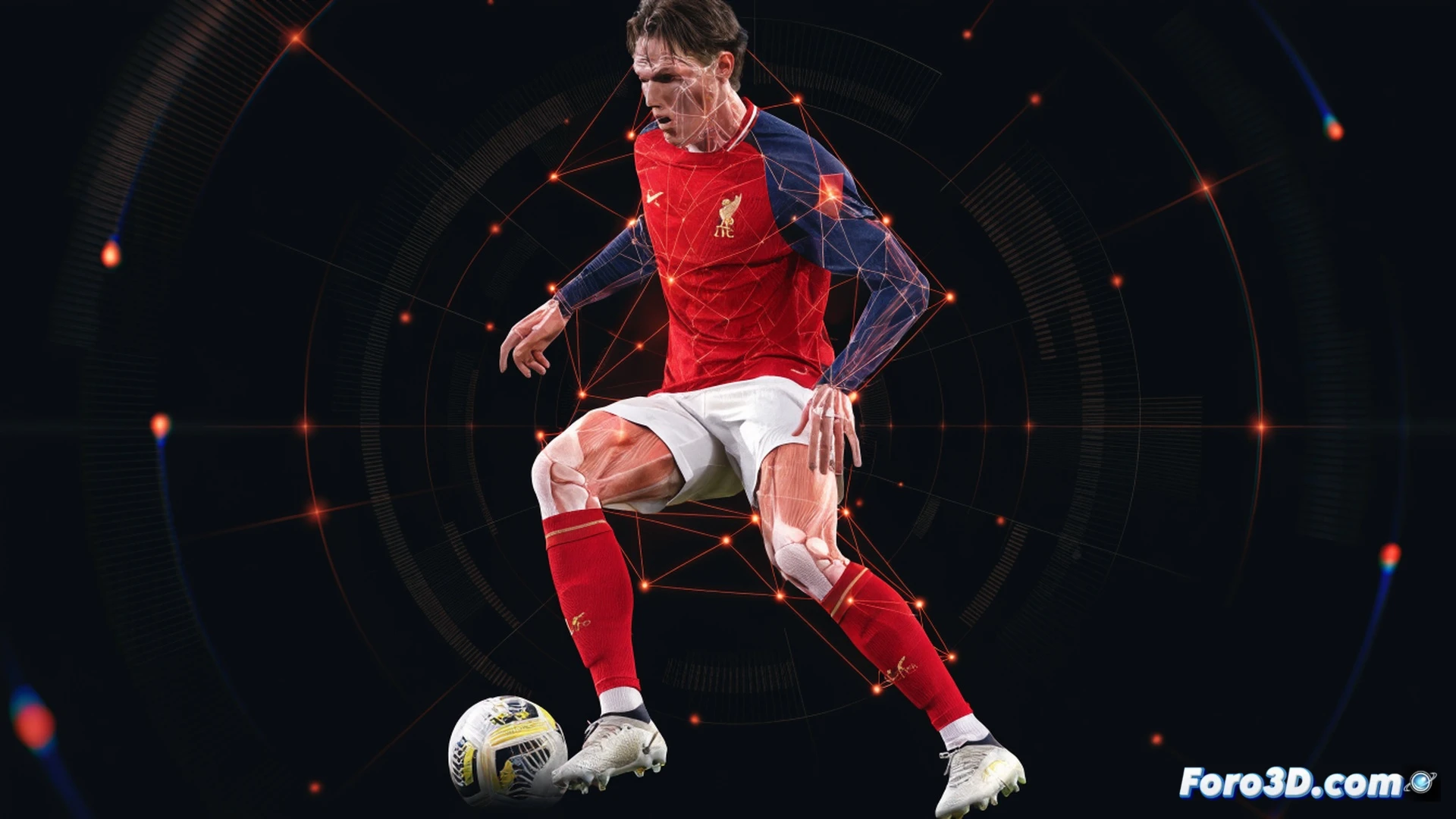 Liverpool midfield tactical analysis 3D holographic heatmap, Dominik Szoboszlai running across entire pitch while GPS tracking dots trace his movement path, left foot striking a ball from outside the box with glowing trajectory line showing shot precision, hybrid 8-10 role visualization with overlapping positional zones, cinematic engineering visualization, bright red kit against dark Anfield stadium background, motion blur on legs, data overlay with pulsating nodes, photorealistic technical render, dramatic floodlighting, detailed muscle tension and boot studs