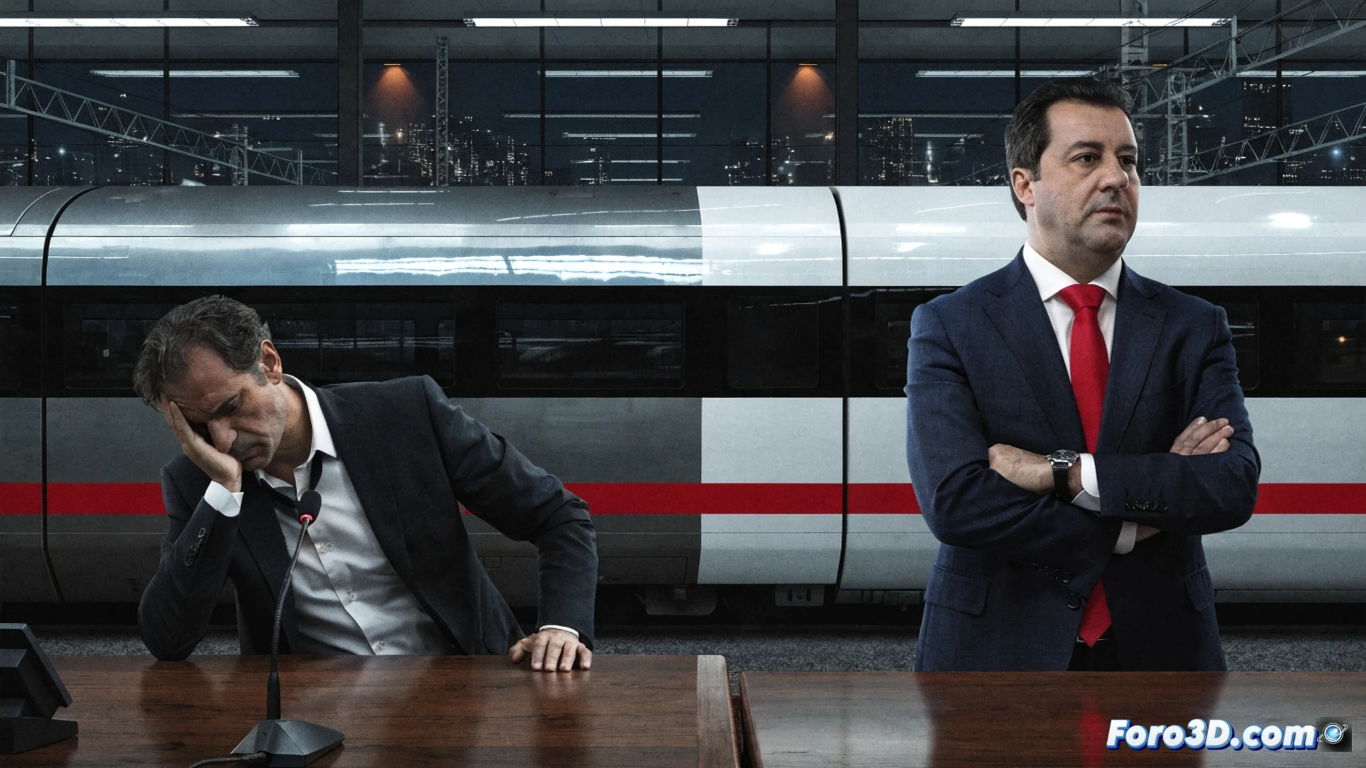 Stefano Donnarumma walking away from a glass-walled railway control room, leaving behind a digital timetable showing delayed train routes in red, while minister Matteo Salvini points at a blinking performance dashboard displaying a 7% punctuality metric, abandoned coffee cup on a table filled with printed recovery plan documents, cinematic lighting contrasting the warm office interior with cold blue screens, photorealistic technical visualization, frustrated body language during the exit moment, high-end corporate architecture, detailed reflection on polished surfaces, engineering atmosphere with railway infrastructure blueprints visible.