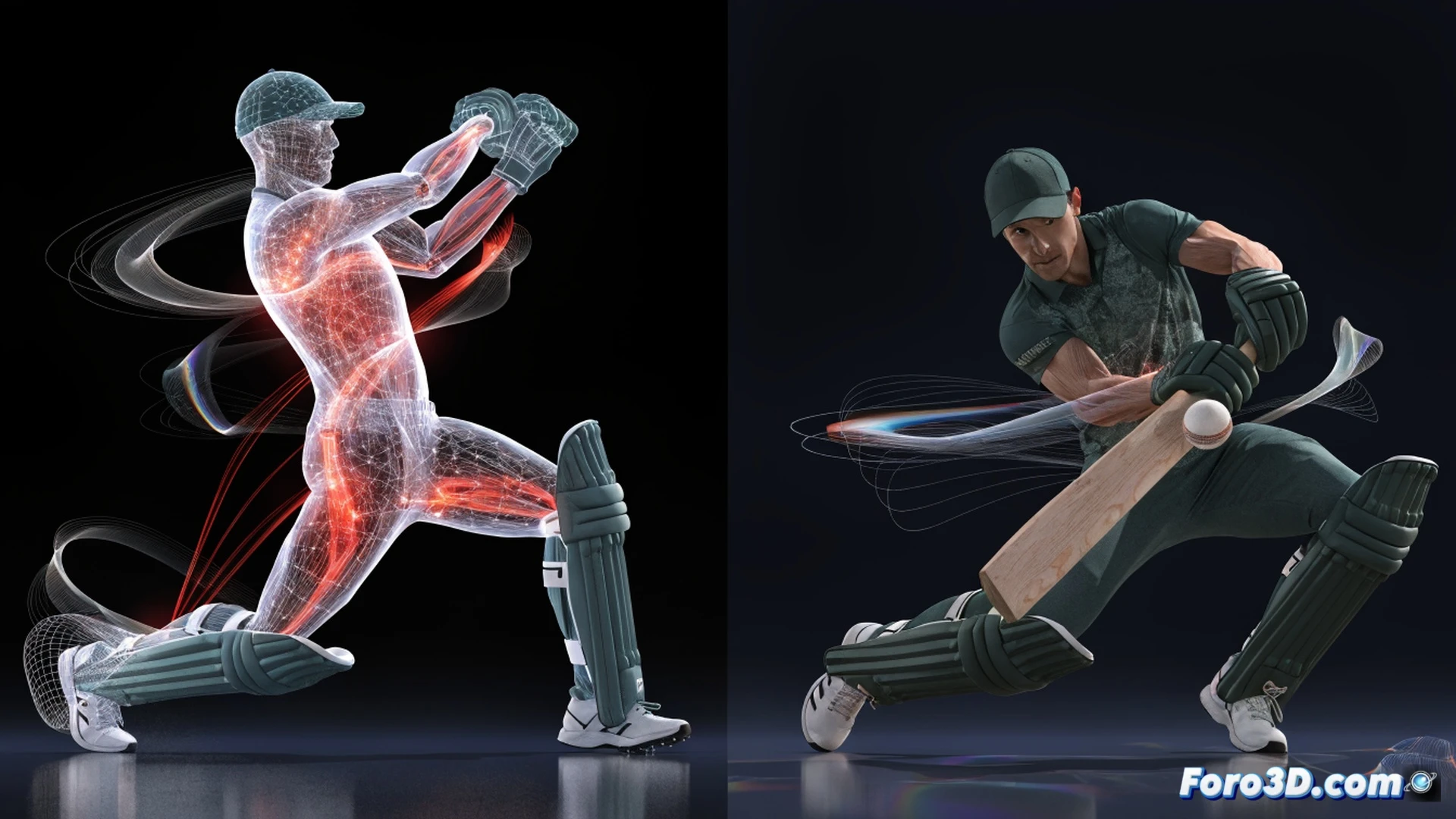 Biomechanical analysis of Donovan Ferreira cricket swing, low center of gravity stance during unorthodox T20 shot, rapid wrist rotation connecting ball outside comfort zone, 3D motion capture skeleton overlay with joint angle markers, translucent muscle fibers highlighted in orange and blue, cricket bat swing path traced with glowing arc lines, photorealistic sports science visualization, dynamic stadium background blurred, dramatic side lighting emphasizing torque and rotation, ultra-detailed fabric texture and sweat droplets, cinematic technical illustration