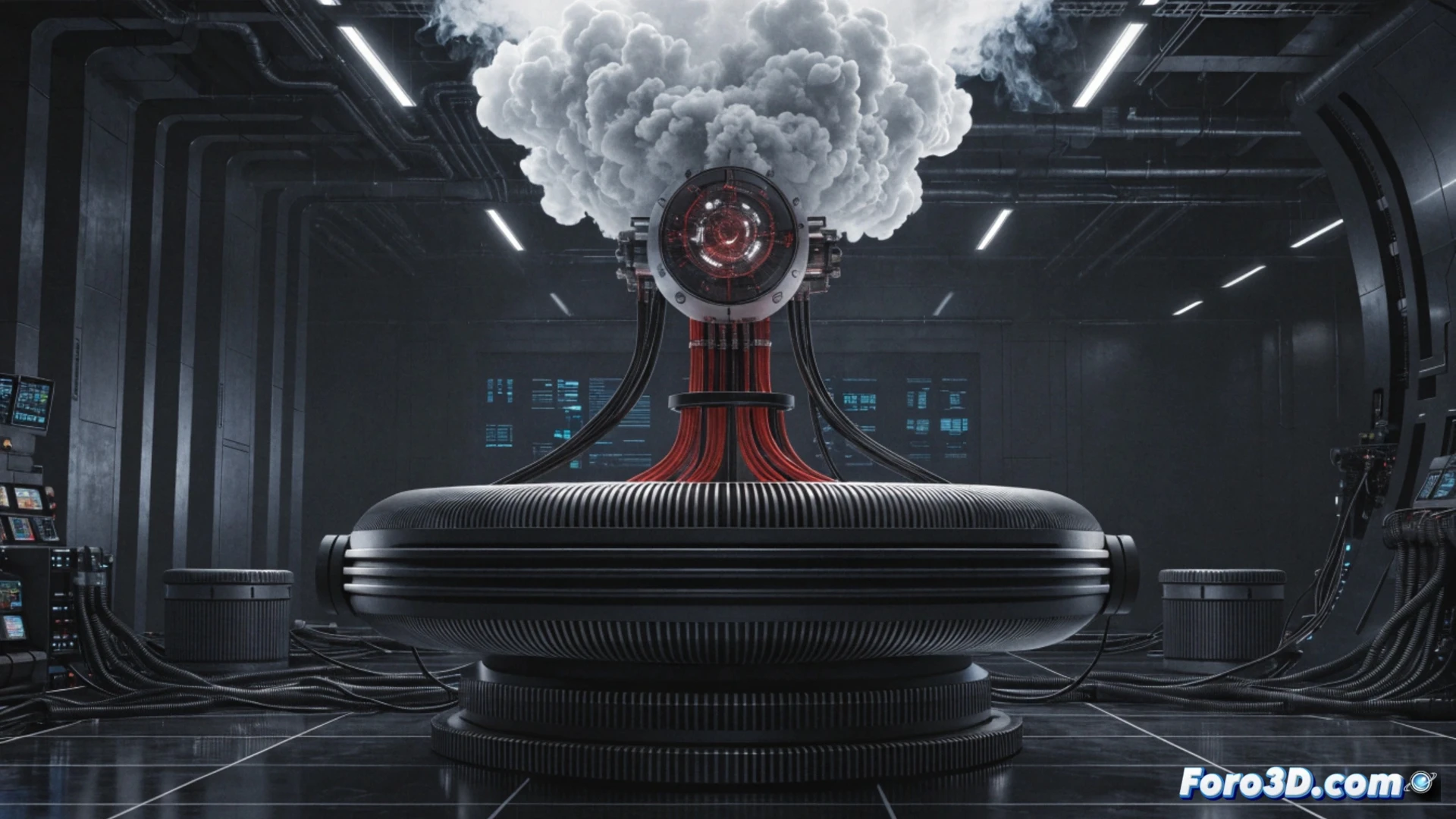 Cinematic wide shot of a futuristic laboratory, a transparent electric car battery on a test bench emitting thick gray smoke from a hidden vent, a robotic arm holding a standard lithium cell being swapped in mid-demonstration, engineers in white coats observing with skeptical expressions, holographic display showing fake 5-minute charge animation flickering, glowing cables disconnected, dark industrial lighting with cold blue and amber highlights, photorealistic technical illustration, ultra-detailed electronic components, smoke particles scattering, dramatic shadows revealing ordinary wiring.