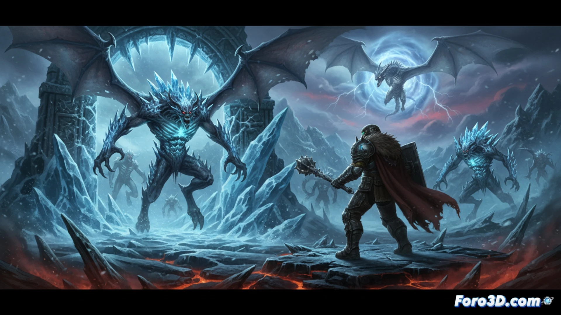 Doom Slayer standing on frozen hellish battlefield, swinging a mechanical chain-blade weapon at a massive ice-encrusted demon, shards of black ice and blue energy sparks flying from impact, glowing digital wireframe overlay showing weapon stats and enemy weak points, holographic interface fragments floating in air, dark steel armor with frost and glowing orange visor, snowy volcanic terrain with ruined gothic structures, cinematic photorealistic rendering, dramatic rim lighting from hellfire behind clouds, ultra-detailed metal textures and ice crystal reflections, high-contrast dynamic action scene