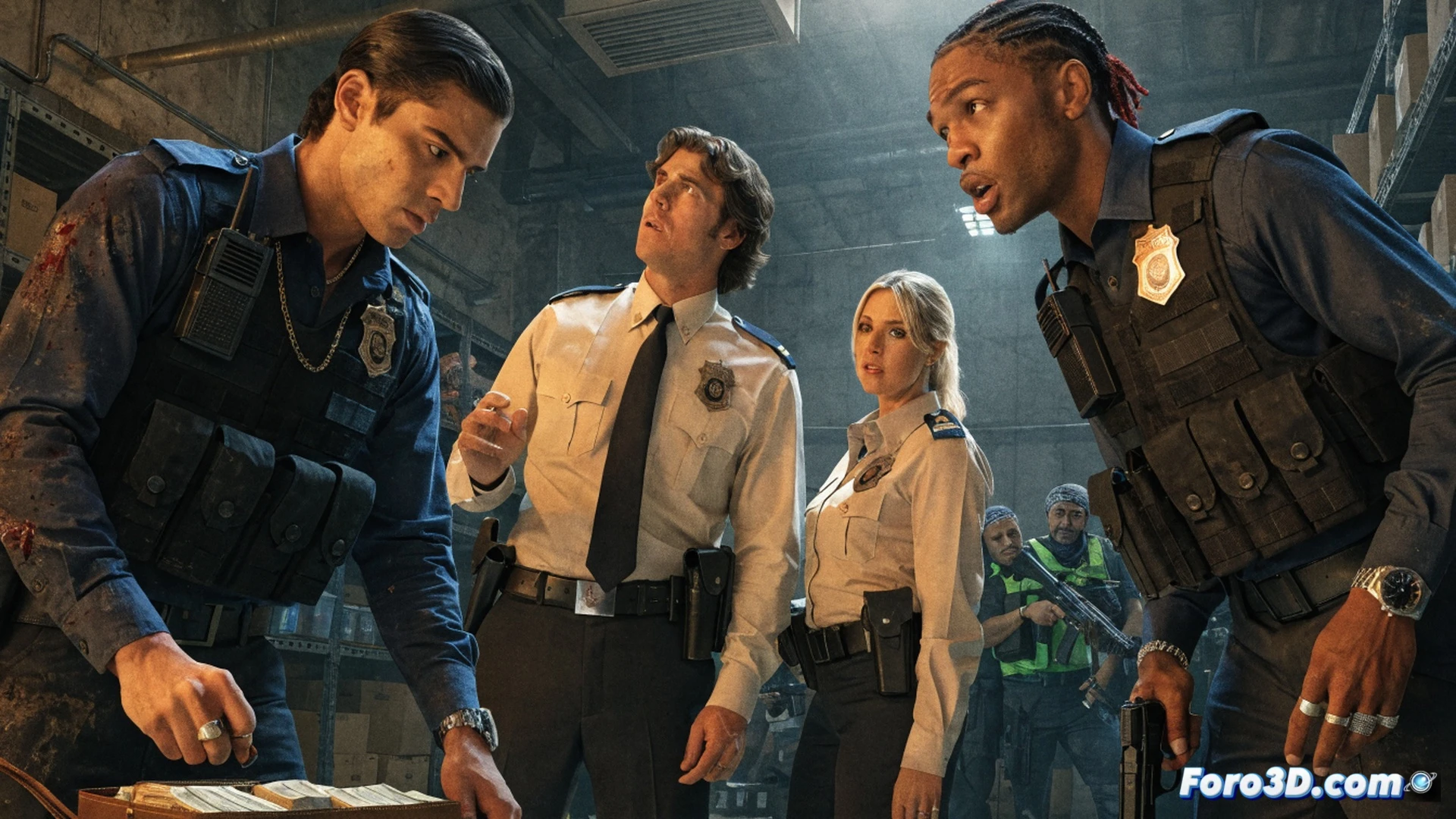 two low-level criminals in worn street clothes crouching behind a rusted van in a dim alley, aiming fake DEA badges and a glock at a drug courier, while a real DEA agent with a rifle watches from a rooftop, tense standoff, street-level chaos with broken concrete and scattered cash, cinematic photorealistic style, gritty urban lighting from a flickering neon sign, motion blur on running figures, ultra-detailed textures of worn leather jackets and sweat on faces, dramatic shadows and high contrast, technical crime scene visualization