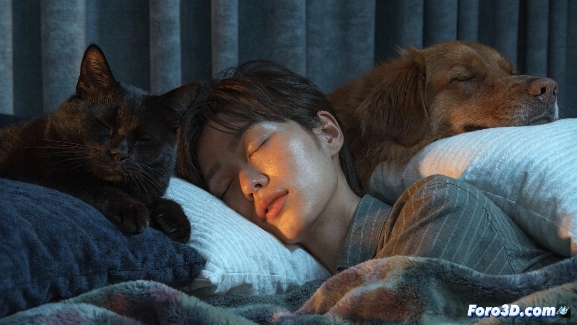 photorealistic bedroom scene at night, person sleeping in bed while a small dog curls at their feet, subtle motion lines showing pet shifting positions during sleep, a smartwatch on the bedside table displaying sleep cycle graph with small interruption markers, soft blue light from a sleep tracker app on a phone screen showing reduced deep sleep segments, warm dim lamp on nightstand, open book about pet health on pillow, gentle moonlight through window, cinematic lighting with soft shadows, ultra-detailed textures on bedding and pet fur, technical health visualization with glowing sleep data overlays on the watch screen