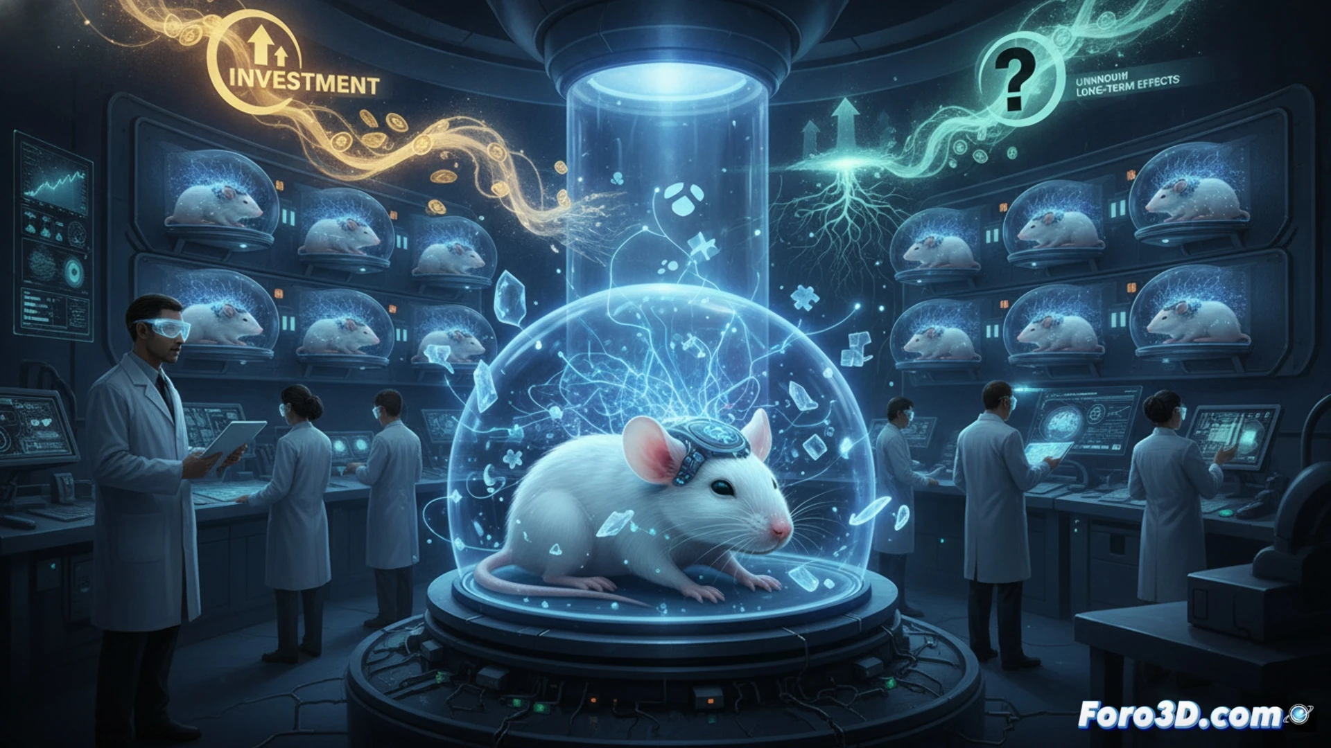 laboratory scene with a transparent mouse brain model illuminated by blue neural activity, glowing synaptic connections being cleaned by microscopic nanobots during wakefulness, a scientist adjusting a brain-computer interface helmet on a sedated rat, holographic memory retention graphs floating above, dark clinical lighting, metallic surgical tools on a sterile tray, cinematic technical illustration style, photorealistic textures, high contrast shadows, futuristic biomedical equipment in background