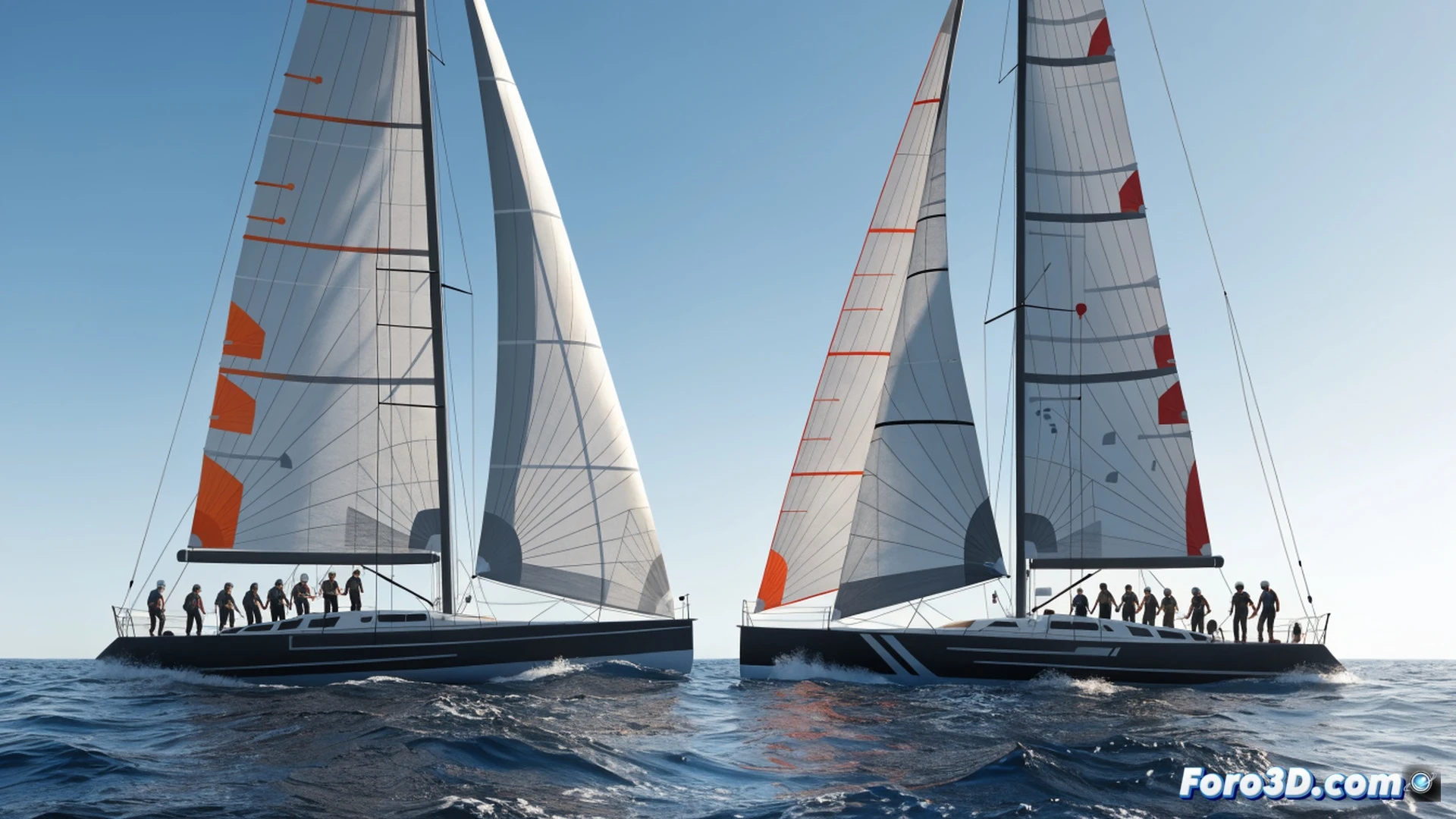 sailboat racing at full speed during Copa del Rey regatta, mixed crew of men and women pulling ropes and adjusting sails in unison, Dorsia branded hull cutting through rough sea spray, bright Mediterranean sunlight, carbon fiber mast and winches visible, crew members showing intense concentration and teamwork, photorealistic action shot, dynamic angle from bow looking aft, white sails against deep blue sky, ocean foam splashing, technical sailing equipment like cleats and blocks in sharp focus, cinematic lighting with golden hour glow, ultra-detailed textures of sailcloth and rigging