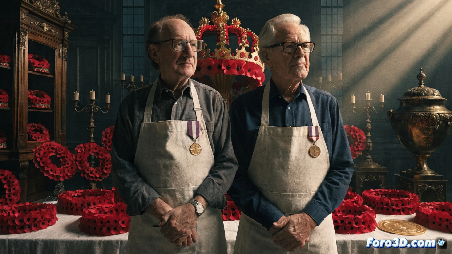Two elderly craftsmen in a workshop carefully weaving red poppy flowers into a ceremonial wreath, hands showing precise manual assembly of individual silk petals around a wire frame, green foliage stems being twisted together with floral tape, worn wooden workbench scattered with pliers, scissors, and spools of thread, soft natural light from a window illuminating the intricate handiwork, photorealistic still life style, warm amber tones, deep focus on the weaving action, subtle dust particles in the air, quiet reverent atmosphere, ultra-detailed textures of fabric and metal tools.