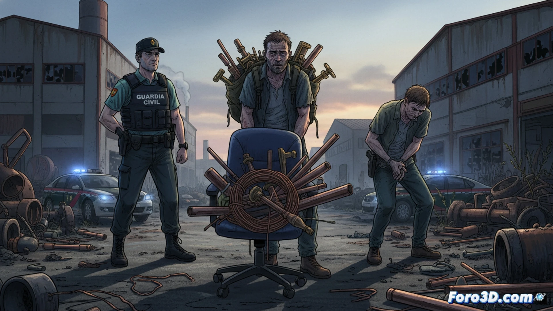 two thieves inside an industrial warehouse in Gallur, Zaragoza, mid-action stealing copper cables and pipes, one wearing a heavy backpack overflowing with brass handles and faucets, the other dragging an office chair loaded with copper tubing across a concrete floor, missing shopping cart detail emphasized by empty aisle behind them, broken security fence in background, realistic crime scene lighting with harsh overhead fluorescents casting long shadows, scattered tools and cut wires on ground, photorealistic technical illustration style, cinematic composition showing process of theft in progress, high detail on metallic copper surfaces and textile textures, dramatic surveillance camera angle