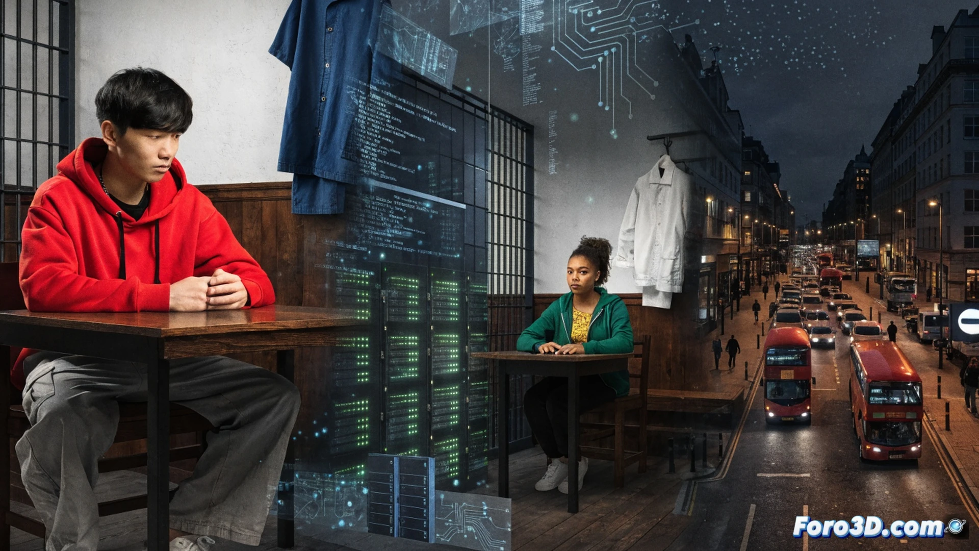 Cinematic photorealistic scene of a young hacker in a dark room typing on a keyboard, multiple monitor screens displaying lines of code and a glowing map of London with red warning alerts, a digital lock icon breaking apart into fragments, wires connecting to a server rack in the background, blue and red neon lighting casting shadows, tense atmosphere, action showing the moment of system breach, technical visualization of cyberattack tools and network nodes, ultra-detailed hardware components, dramatic industrial lighting