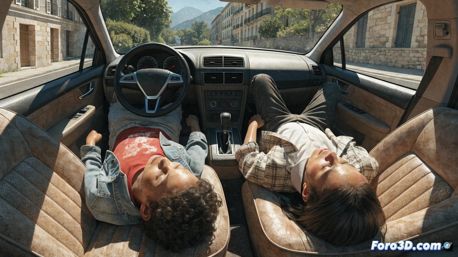 photorealistic scene of a closed silver family car parked under intense midday sun in Carpentras, heat haze rising from asphalt, two child silhouettes visible through rear window, dashboard thermometer displaying 42 degrees, steering wheel with sun glare, empty water bottles on back seat, emergency services approaching in background, dramatic harsh sunlight, ultra-detailed automotive glass reflections, cinematic heat distortion effect, technical safety hazard documentation style
