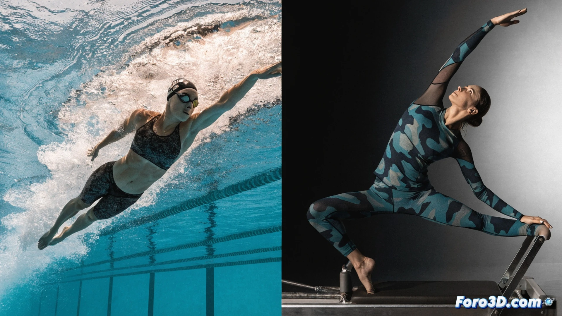 competitive swimmer Kate Douglass executing a Pilates reformer exercise, one leg extended mid-air while the other pushes the carriage, resistance springs visible, core engaged, balanced athletic pose, pool background with lane ropes and starting block, cinematic photorealistic style, dramatic overhead lighting, water reflections on skin, motion blur in pool area, technical fitness visualization, ultra-detailed muscle definition and equipment mechanics