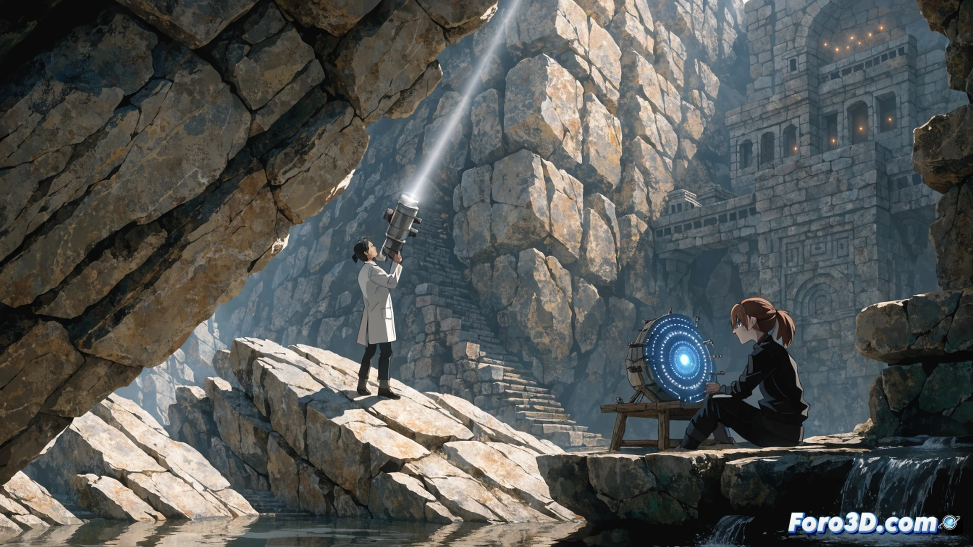 young Senku pointing at a glowing chemical formula on a blackboard inside a bamboo laboratory, stone world wilderness visible through open wall, gears and glass beakers on wooden table, steam rising from a copper distillation apparatus, Senku holding a smartphone-like device showing a circuit diagram, optimistic expression, bright sunlight streaming through gaps, dust particles illuminated, engineering visualization style, detailed mechanical components, scientific instruments, photorealistic cinematic render, dramatic warm lighting, hopeful atmosphere