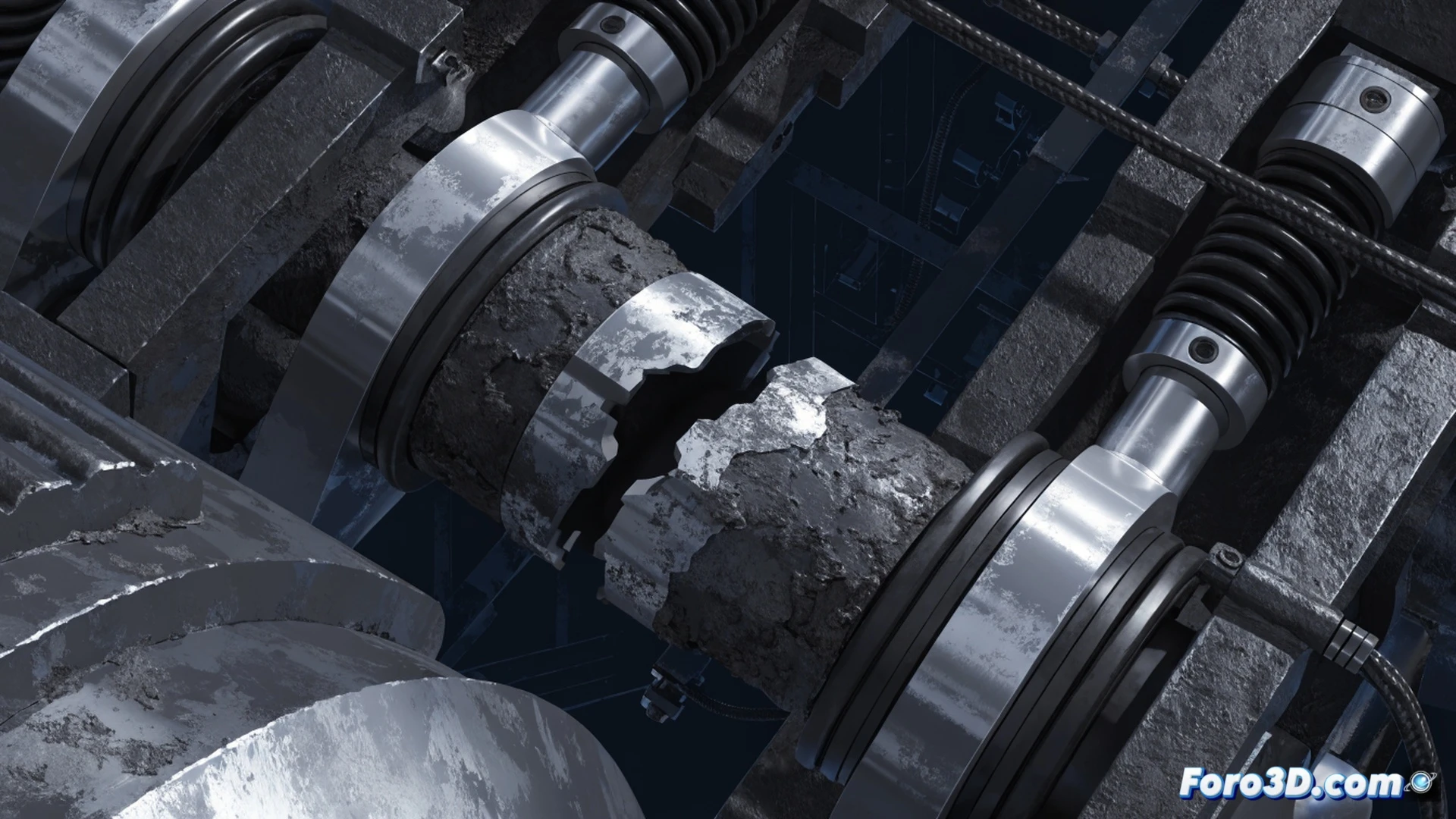 Close-up of a dragline bucket closing mechanism, a massive steel pin fractured diagonally across its midsection, rough fatigue surface with visible beach marks and abrasive wear grooves, cracked metal fragments scattered on the ground, a maintenance engineer in protective gear holding a digital tablet displaying a 3D finite element analysis model of the pin stress distribution, bright workshop lighting reflecting on the broken faces, photorealistic technical illustration, ultra-detailed texture of the fractured steel, dramatic industrial shadows, cinematic engineering visualization.
