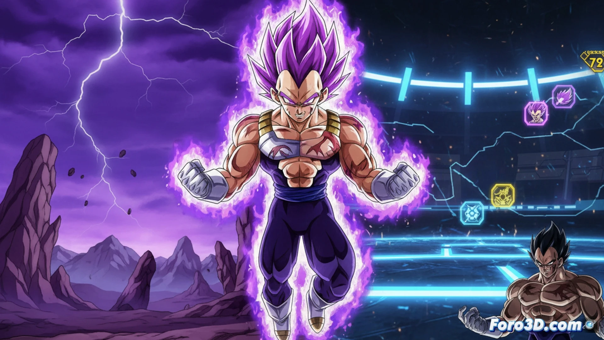 Vegeta transformado en Ultra Ego combatiendo contra Moro en un campo de batalla desértico, energía púrpura y negra fluyendo desde su cuerpo mientras esquiva un ataque mágico, interfaz de videojuego superpuesta mostrando medidores de ki y selección de personajes en Sparking ZERO, menú de luchadores con siluetas de Goku y Freezer, estilo cinematic photorealistic, iluminación dramática con destellos de poder, partículas de polvo levantadas durante el impacto, texturas detalladas en la armadura de Vegeta, fondo con ruinas alienígenas, rayos de energía cruzando la escena, alta definición técnica.