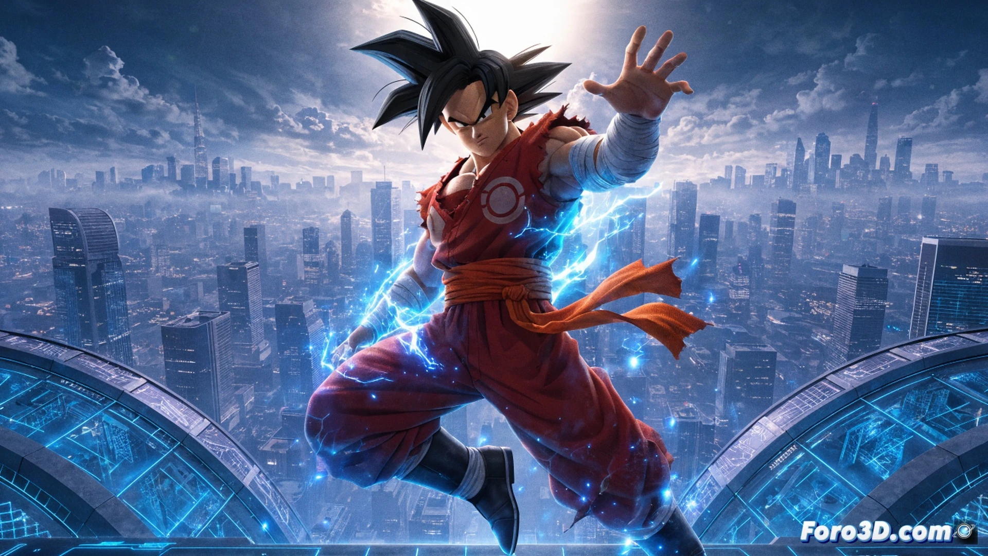 futuristic Saiyan warrior Brett in combat stance, glowing blue ki aura crackling around his body, facing a massive energy sphere in a destroyed futuristic city, time-space distortion portal opening behind him, holographic time patrol interface floating nearby, cinematic anime-style render, dramatic lighting from ki blasts, dynamic motion blur, debris suspended mid-air, metallic armor with glowing insignia, ultra-detailed muscle definition, photorealistic action scene, dark stormy sky with lightning, epic battle atmosphere