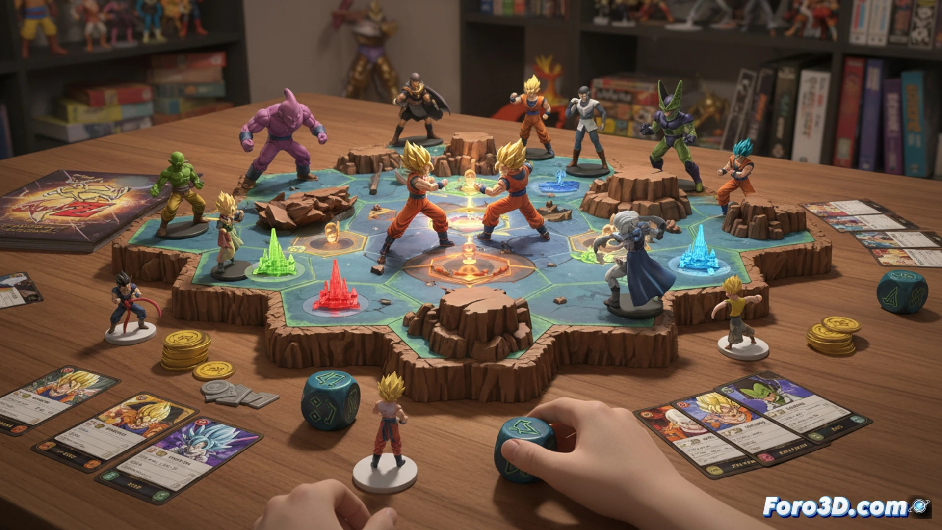Dragon Ball Z board game session in progress, four players around a hexagonal tactical grid table, miniature figures of Goku and Vegeta locked in combat, glowing orange energy blast effects suspended mid-air, Kid Buu figure on opposite side with raised arms, dice and character cards scattered across the board, detailed plastic miniatures with painted highlights, dramatic overhead cinematic lighting casting long shadows, smoke haze rising from battle zone, photorealistic technical illustration style, ultra-sharp focus on dice rolls and game mechanics, intense action frozen in time, rich anime-inspired color palette with neon blues and oranges