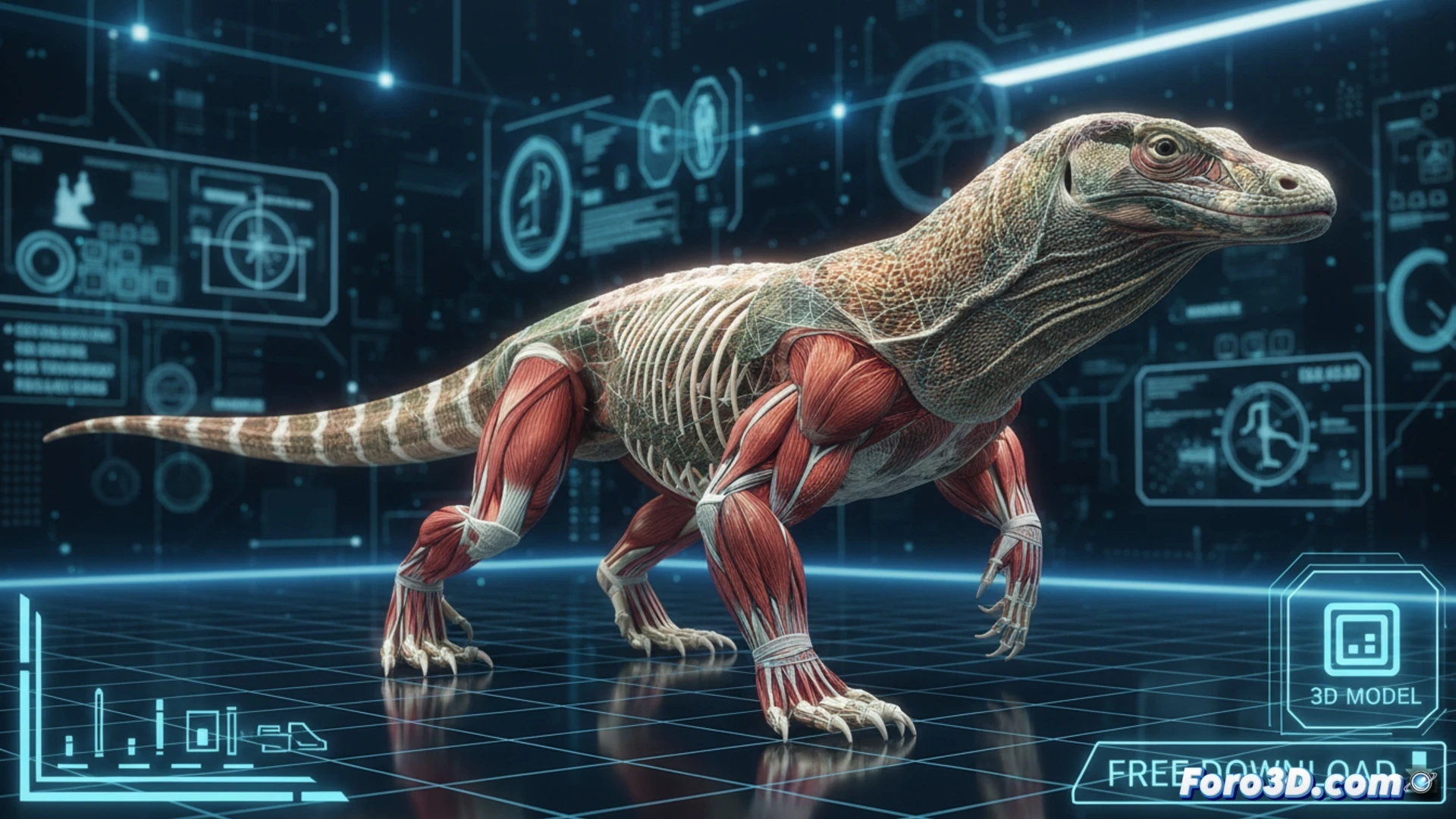 Dragón de Komodo 3D caminando sobre terreno rocoso digital, modelo poligonal semitransparente mostrando músculos y esqueleto internos, sistema muscular rojo y blanco entrelazado, animación de paso arrastrando garras, entorno de estudio de render con luces de cuadrícula, monitor de software 3D con interfaz de huesos y texturas, herramientas de escultura digital flotando, estilo de visualización técnica biomecánica, iluminación cinematográfica azul y naranja, texturas de escamas rugosas hiperrealistas, fondo de estudio con paneles de referencia anatómica