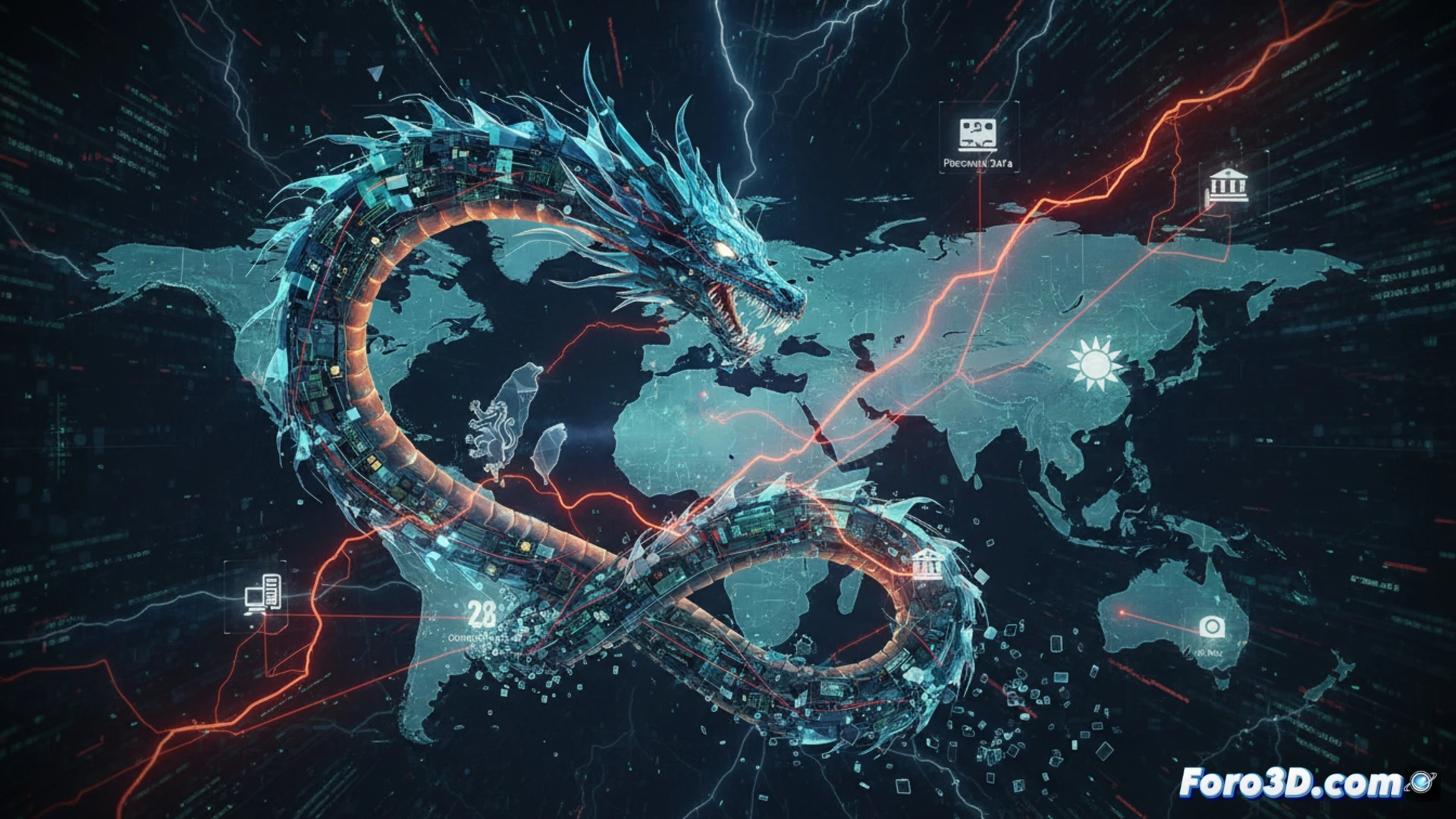 photorealistic technical illustration of a digital map of Europe and Asia, red glowing dragon-shaped code threads weaving through network lines, attacking server racks in Prague and Taipei, screens showing breached firewall interfaces and stolen data streams, cyber defense tools like antivirus shields and encryption locks being overwhelmed, dramatic cinematic lighting with cyan and crimson highlights, ultra-detailed circuit board textures, glowing binary code particles in motion, realistic cyber attack visualization