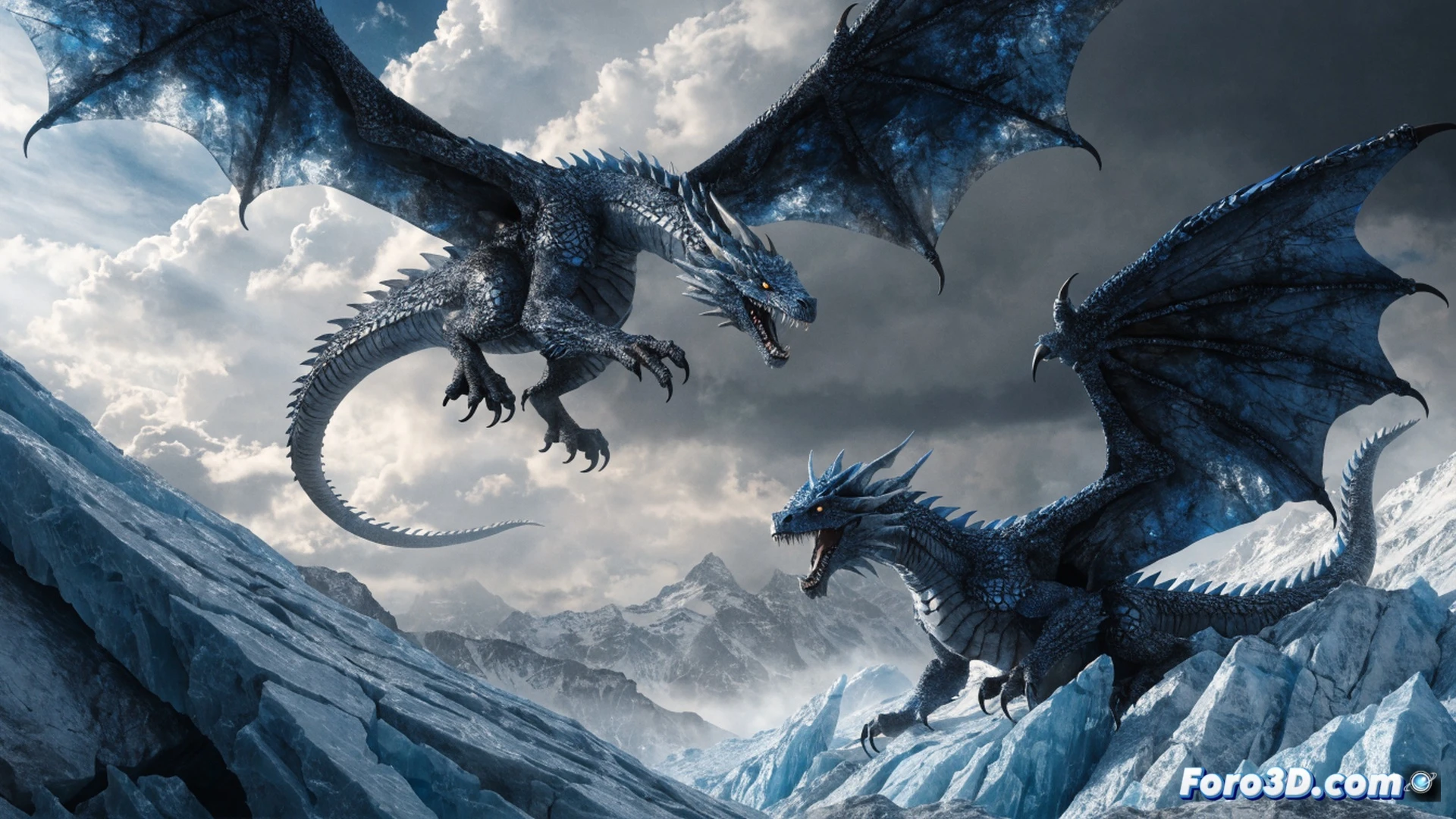Dragon mid-flight with icy blue and teal scales, wings fully spread dominating the canvas, claws extended forward in a threatening posture, cold mist trailing from its mouth, artist sketching on a tablet using digital stylus, screen showing layers of cool gradients and wing anatomy, warm lamp illuminating the workspace, cinematic composition with low-angle perspective, photorealistic fantasy illustration, dramatic shadows from wing overhead, glowing frost particles in air, detailed wing membrane veins, textured scales, tension in the creature's spine