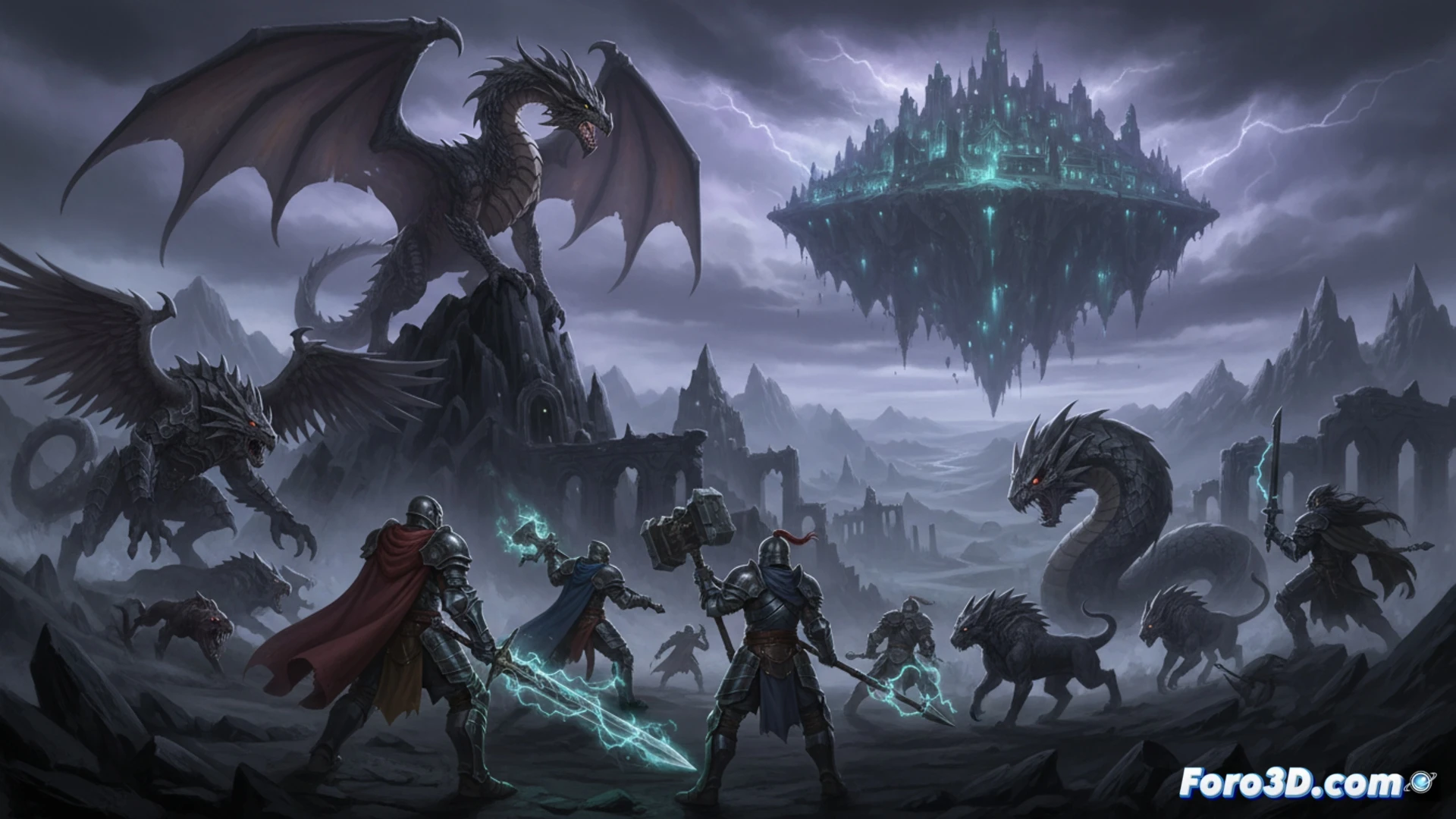 Arisen warrior in dark silver armor drawing a glowing red bow while a massive chimeric beast with obsidian scales and molten veins charges through a crumbling Gothic fortress, new region ruins with black crystal formations and floating ash particles, mysterious sword embedded in a cracked stone altar radiating purple energy, cinematic fantasy illustration, dramatic low-angle action shot, dynamic combat pose, debris and ember particles suspended mid-air, deep shadows with intense red and purple highlights, ultra-detailed armor scratches and monster skin textures, photorealistic dark fantasy render