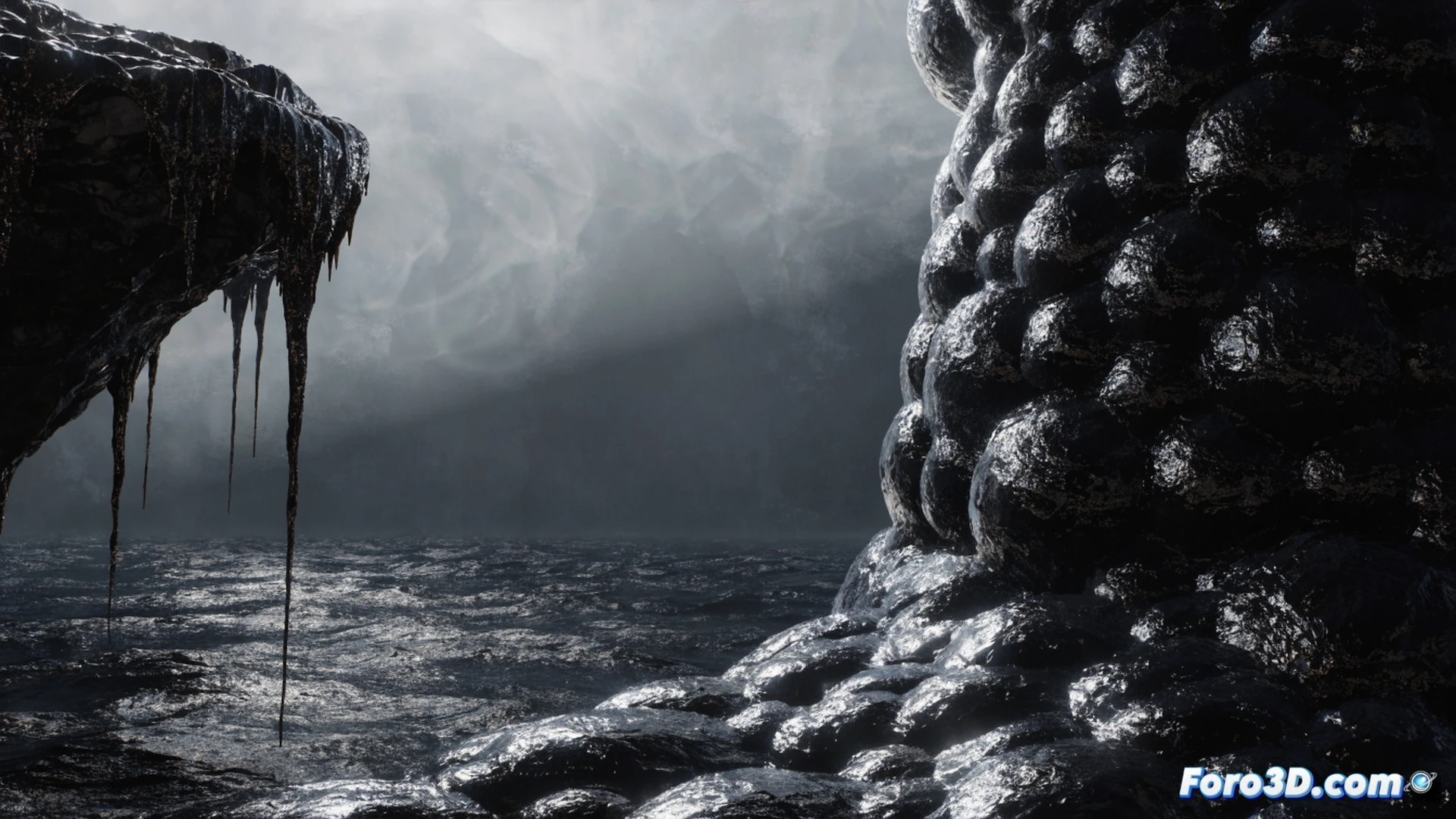 Unreal Engine 5 editor viewport durante la simulación de niebla volumétrica densa sobre un mar agitado, criatura viscosa emergiendo del agua con texturas de horror en ZBrush, tentáculos cubiertos de mucosidad brillante golpeando la superficie, farola oxidada parpadeando en la costa, partículas de espuma salpicando la cámara, demostrando la integración de materiales de agua y niebla en tiempo real, cinematográfica iluminación azul verdosa opresiva, técnica visual fotorrealista de terror oceánico