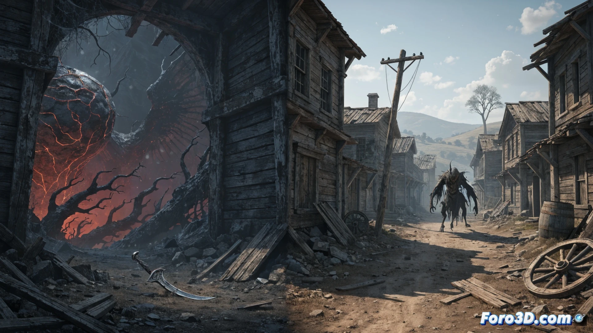 abandoned ghost town split in two realities, a hooded player character crouches behind a rusted car while looting a glowing wooden crate, a monstrous silhouette stalks between foggy buildings, heartbeat sensor glowing red on the player’s wrist, dual-world visual tear down the center of the scene, one side moonlit decay, the other side dark crimson and flickering, cinematic survival horror style, dense fog, wet cobblestones, motion blur on the monster’s slow approach, high contrast shadows, photorealistic technical render