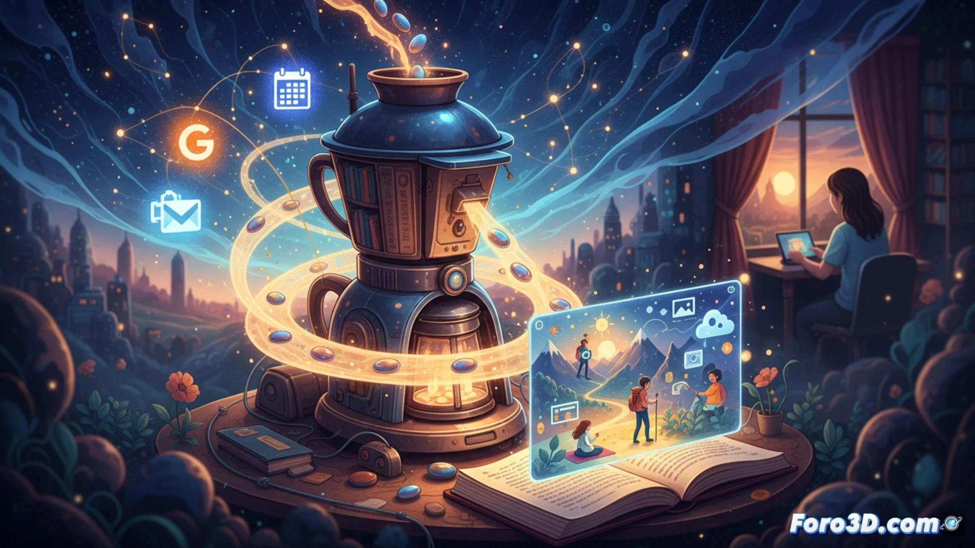 A person holding a smartphone while digital fragments of emails, calendar dates, and photo thumbnails float upward from the screen, transforming into a glowing illustrated storybook scene showing a pet adoption preparation sequence, a messy inbox and calendar grid visible on the phone background, dreamlike visual narrative unfolding in midair, technical illustration style, clean UI elements, soft neon blue and orange highlights, interface icons subtly embedded in the floating data stream, cinematic lighting, photorealistic render with surreal artistic touch