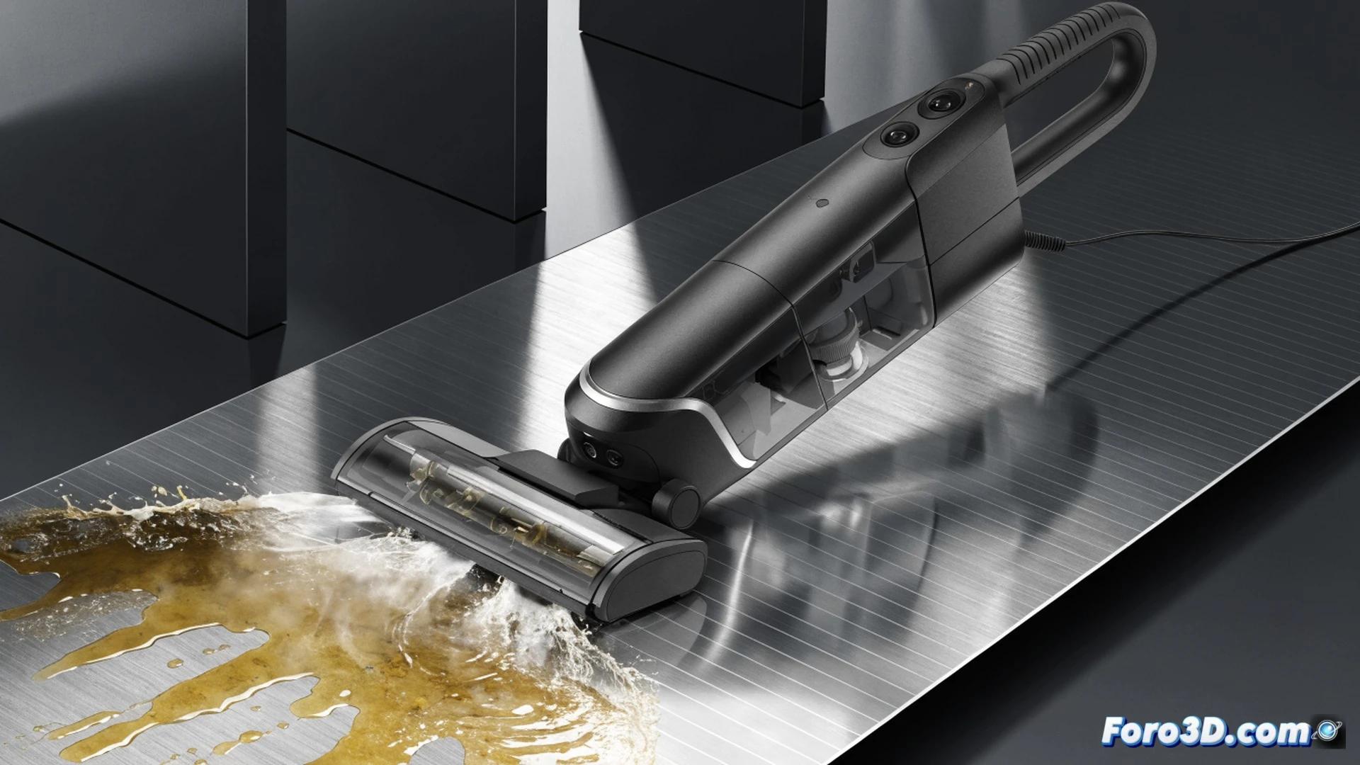 Dreame T16 Pro Heat floor cleaner in action, water heated to 90 degrees Celsius visibly steaming as it dissolves greasy stains on a kitchen tile floor, the slim nozzle sliding under a low cabinet edge, spinning roller scrubbing a dried sauce residue, base station behind showing automatic roller cleaning process with water jets and scraping, photorealistic technical illustration, bright overhead lighting reflecting on wet floor, droplets and steam particles suspended in air, hyper-detailed brush bristles and water channels, cinematic engineering visualization, dynamic cleaning demonstration
