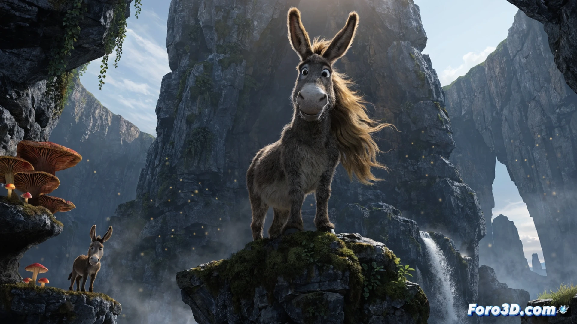 cinematic animation studio scene, Burro from Shrek mid-laugh with exaggerated ears flapping, standing on a cluttered storyboard desk, digital drawing tablet and stylus nearby, 3D modeling software interface visible on monitors showing wireframe donkey model, concept art sketches pinned to corkboard behind, motion-capture markers on a reference chair, dramatic overhead studio lights casting shadows, photorealistic technical illustration, warm amber and cool blue lighting, ultra-detailed fur texture and plastic model sheets