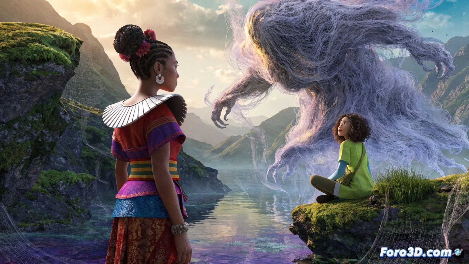 Two young girls standing on a volcanic beach at twilight, a glowing mythical creature shaped like a giant serpent emerging from crashing waves, one girl holding a glowing amulet while the other points toward a distant stone temple covered in luminescent vines, their shadows cast by bioluminescent light, cinematic fantasy animation style, DreamWorks character design, rich tropical colors, mist rolling over jagged cliffs, glowing underwater ruins visible through translucent water, dramatic sunset sky with purple clouds, emotional tension, storybook lighting, ultra-detailed textures on scales and fabric, photorealistic fantasy render