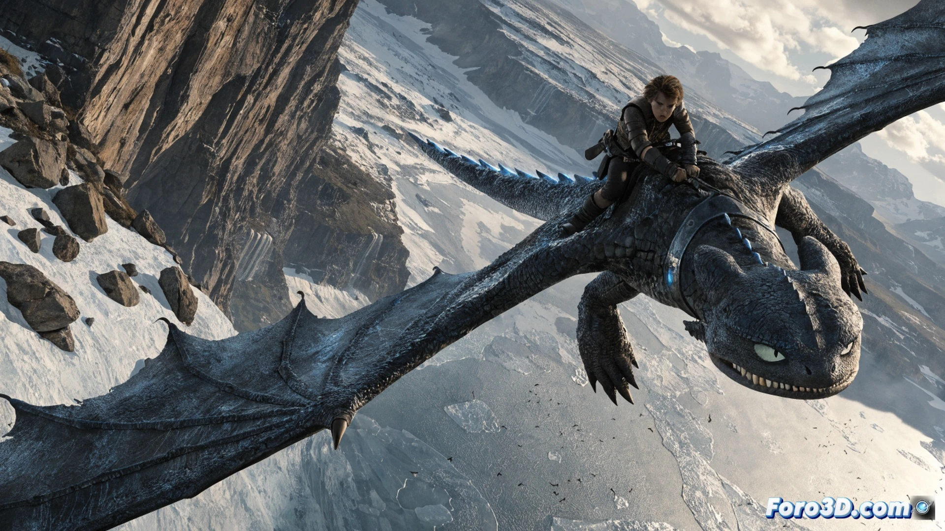 live-action dragon flight sequence, Hiccup and Toothless soaring above a misty Viking fjord, Toothless's prosthetic tail fin glowing with mechanical joints during a sharp turn, camera rig with motion control arm capturing the shot, green screen studio background with LED volume wall displaying real-time 3D terrain, cinematic photorealistic visualization, crew monitoring a monitor showing composite footage, dragon scales reflecting sunlight, wind-blown grass on cliff edge, dramatic golden hour lighting, ultra-detailed dragon anatomy and harness straps, technical filmmaking process shown