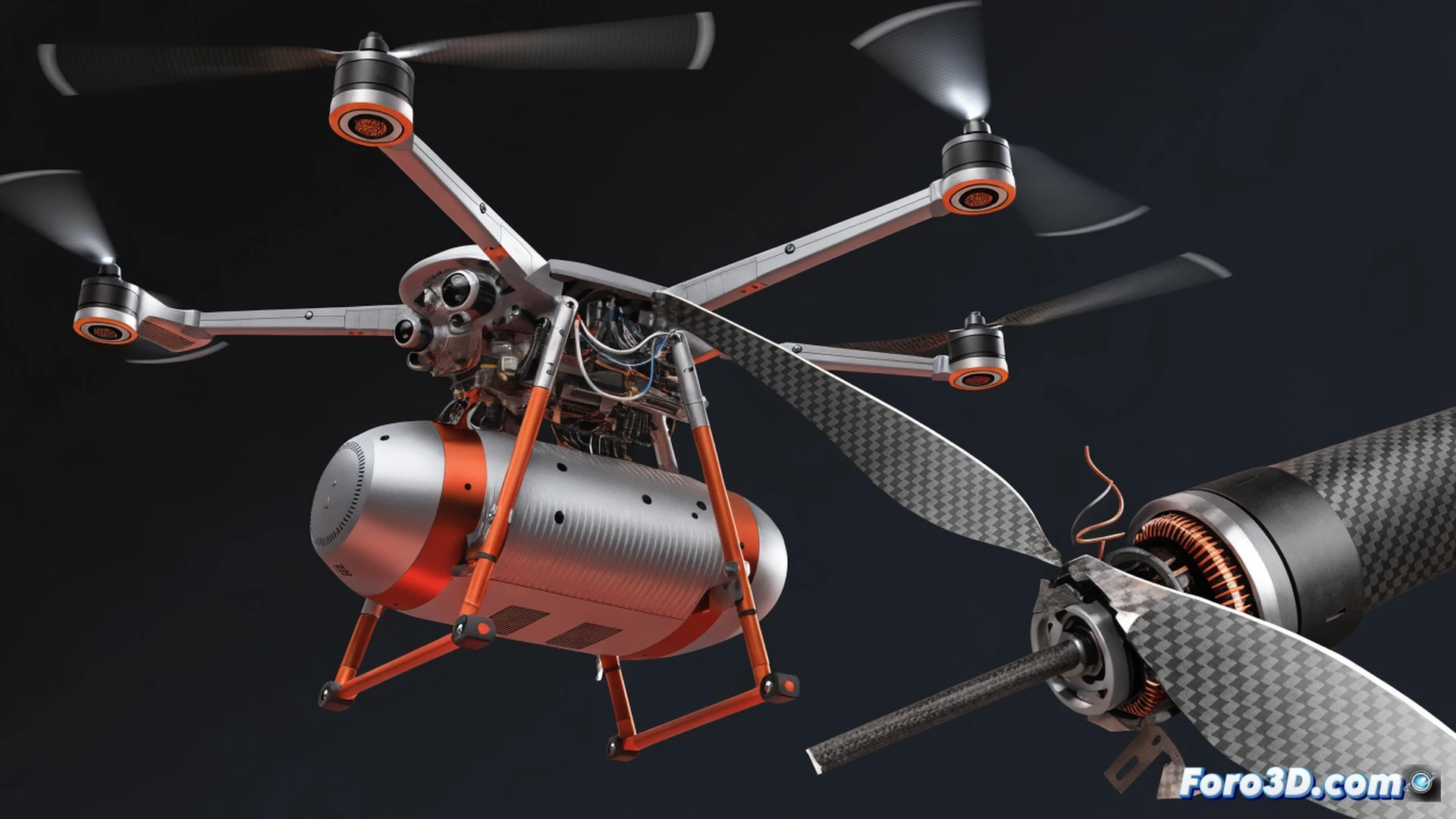 dron ambulancia rojo desprendiendo hélice en pleno vuelo, hélice suelta girando en el aire mientras el dron se inclina bruscamente, fallo en el mecanismo de paso variable del motor brushless expuesto, cables y engranajes visibles en el eje del motor, fondo de hangar de pruebas con herramientas técnicas y pantallas de software CAD abiertas, estilo cinematográfico photorealistic, iluminación dramática industrial, detalles ultrafinos de fibra de carbono y metal, trayectorias de vuelo inestables marcadas con líneas de movimiento, render técnico de ingeniería