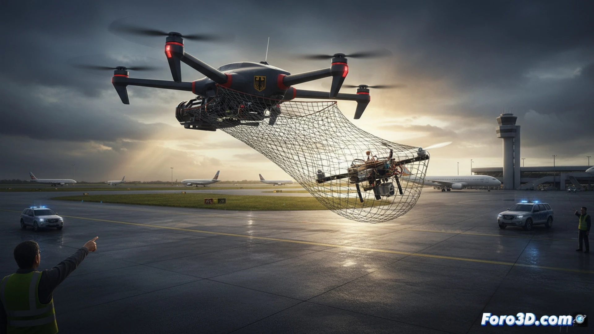 German hunter drone deploying a net to capture a quadcopter intruder over an airport runway, drone with rotor blades and sensors in mid-air, net expanding mid-flight to entangle the target, airport control tower and hangars visible in background, action shot showing the capture process, cinematic engineering visualization, photorealistic technical render, metallic drone body, red safety markings, blue sky with slight haze, motion blur on rotor blades, dramatic sunlight casting sharp shadows, ultra-detailed mechanical components, realistic industrial lighting