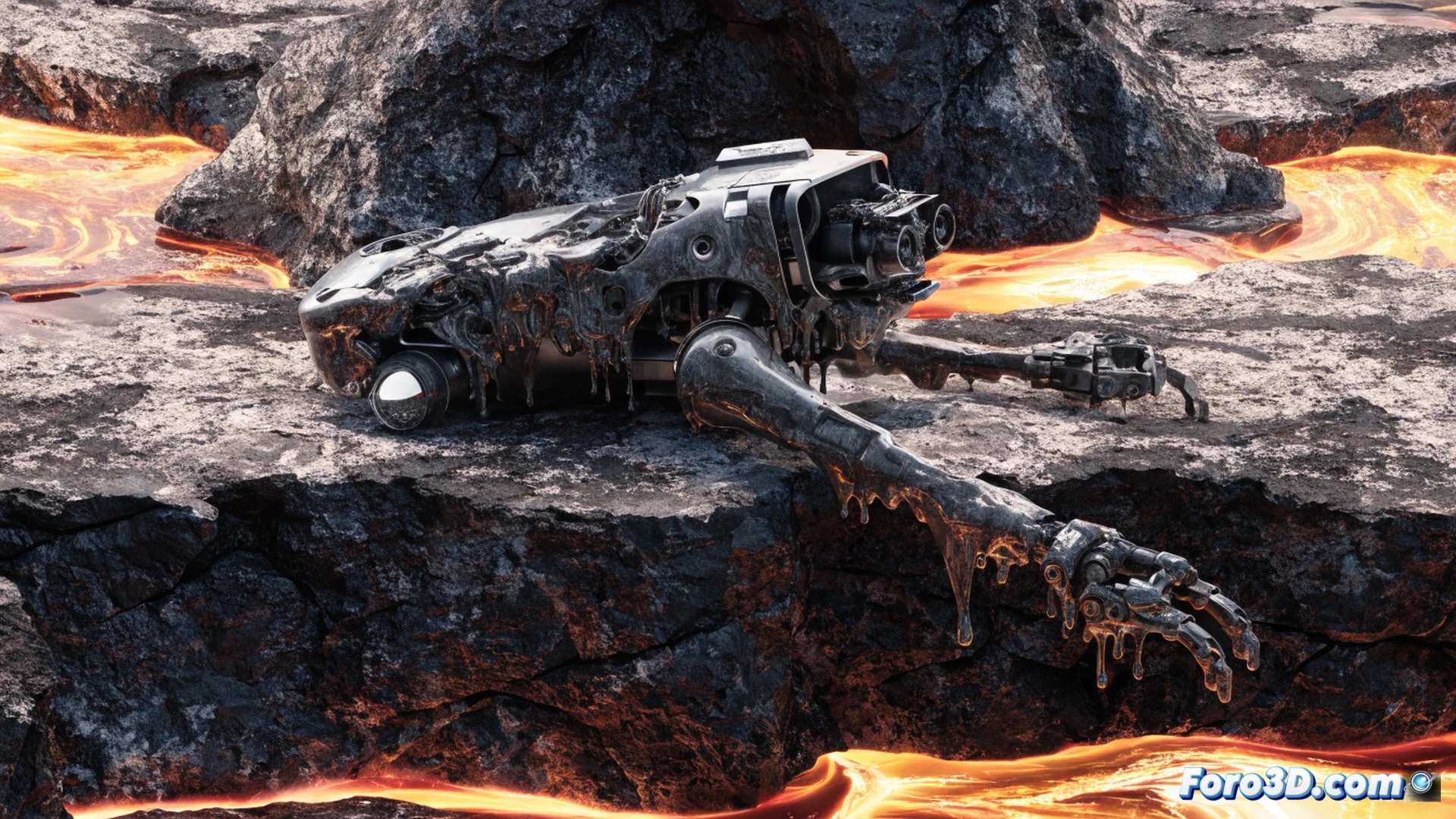 Drone de inspección volcánica derritiéndose sobre cráter activo, chasis de polímero deformado y goteando mientras el magma incandescente emite calor visible, hélices parcialmente fundidas durante el fallo catastrófico, flujo térmico convectivo extremo distorsionando el aire alrededor del dron, ingeniería visual fotorrealista, iluminación dramática naranja y roja del magma, textura de polímero ablandado y carbonizado, fondo de ceniza volcánica y roca fundida, detalle de componentes electrónicos expuestos al calor, render técnico hiperrealista con calidad cinematográfica