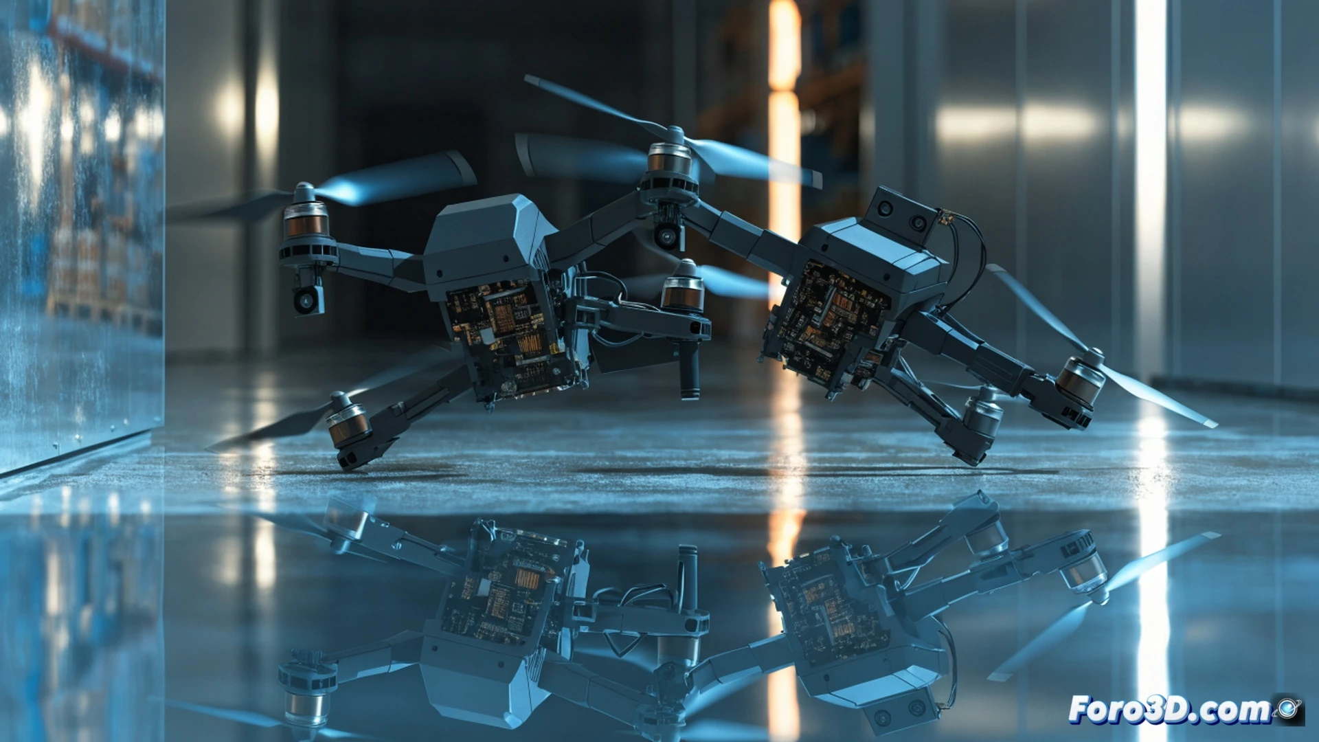 two warehouse security drones colliding mid-air above polished concrete floor, bright specular reflections on glossy surface confusing optical flow sensors, drone sensor arrays glowing red in error state, broken propellers and sparks during impact, rack-mounted server racks and automated shelving in background, cinematic engineering visualization, dramatic industrial lighting, motion blur on debris, photorealistic technical render, ultra-detailed drone components with visible lens glare and sensor housings