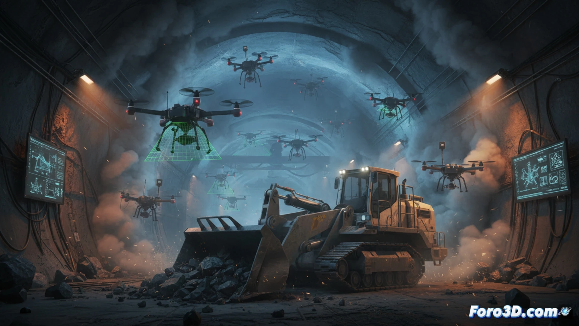 autonomous drone navigating through a dark smoke-filled European tunnel after an explosion, red emergency lights flashing, dust and debris particles suspended in air, drone with rotating blades scanning collapsed concrete walls and twisted steel rebar, thermal camera glowing blue and orange, autonomous loader machine with robotic arm clearing rubble in background, headlights cutting through thick smoke, technical engineering visualization, cinematic industrial lighting, photorealistic construction site render, high contrast shadows, sparks from metal debris, ultra-detailed mechanical components