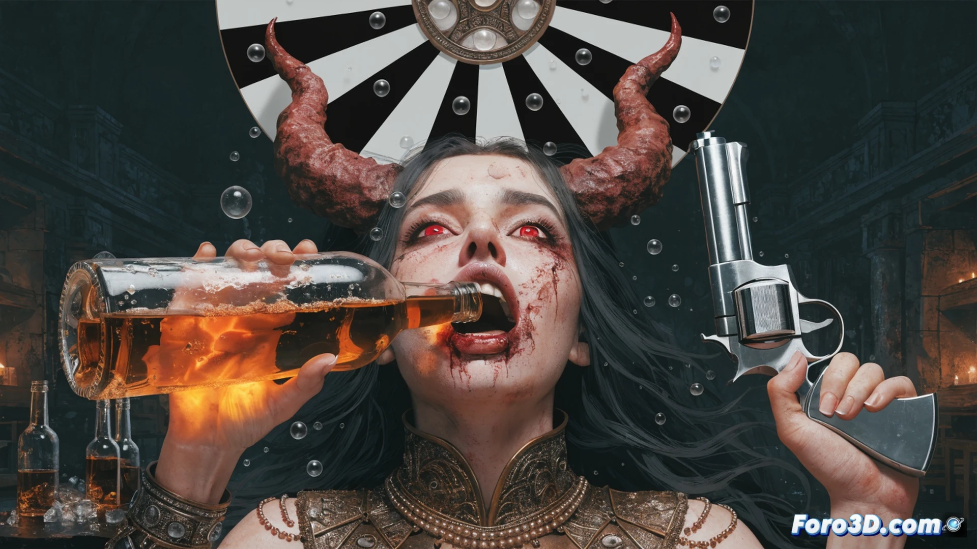 A demoness with glowing red eyes and horns sits at a wooden table, raising a glass of amber liquid while a revolver rests beside her. A player’s hand nervously spins the cylinder, showing bullet chambers and a dice cup with scattered pills. Motion blur captures the moment of decision, with smoke wisps and spilled drink droplets frozen mid-air. Cinematic photorealistic render, dark tavern interior lit by flickering candles, metallic revolver details, glass refraction, liquid splash dynamics, hyper-detailed textures, dramatic chiaroscuro lighting, adult-themed tension, no text or numbers visible.