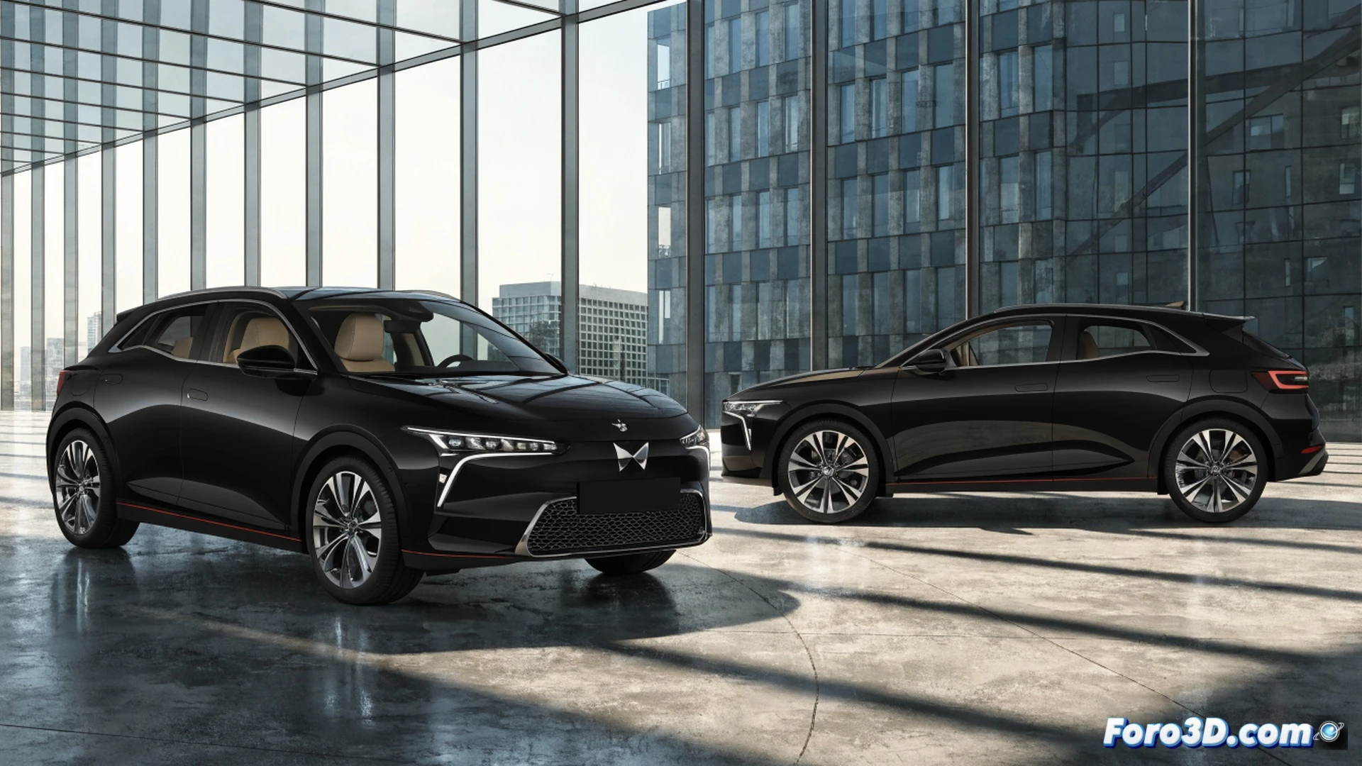 SUV compacto premium DS 3 Hybrid en un túnel de viento digital, flujo de aire dinámico envolviendo la carrocería mientras un gráfico de ahorro de combustible parpadea en una pantalla técnica cercana, sobre un fondo de garaje minimalista con herramientas de diagnóstico y un cable de carga ECO conectado, comparativa visual con un Lexus LBX desenfocado al fondo, estilo cinemático de ilustración técnica, iluminación metálica fría, reflejos en la pintura oscura, texturas de ingeniería automotriz, render fotorrealista con detalles de componentes híbridos visibles en corte transparente del capó
