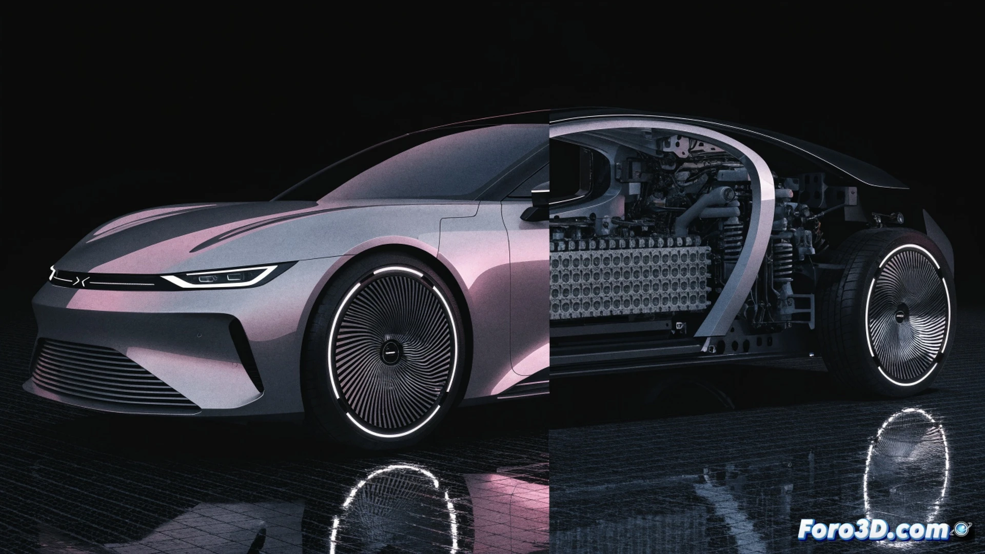 Electric luxury sedan DS N8 undergoing battery pack installation in a high-tech assembly line, robotic arms positioning a large 86 kWh lithium-ion module into the chassis floor, glowing blue energy flow lines along the battery surface, technicians monitoring real-time efficiency data on holographic displays, aerodynamic body panels partially removed to reveal cooling ducts and power electronics, cinematic engineering visualization, sleek metallic body in dark platinum, cleanroom environment with precision tools, dramatic overhead lighting, photorealistic technical render