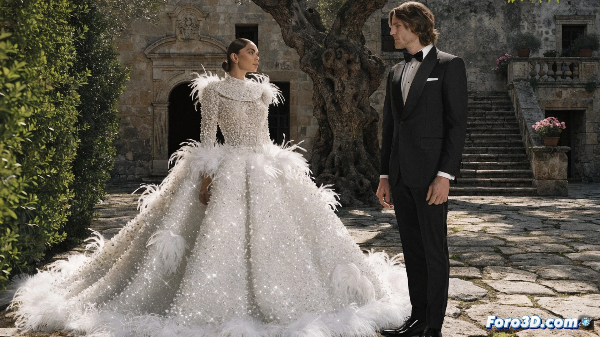 Dua Lipa posando en un jardín siciliano al atardecer, vistiendo un vestido Chanel con 480.000 cuentas brillantes y 25.000 plumas, detalles de costura visibles mientras el viento mueve suavemente la falda, mostrando el proceso de confección artesanal, manos de modista sosteniendo agujas e hilo de seda cerca del dobladillo, maniquí de alta costura con patrones de encaje, tijeras de sastre y carretes de hilo Chanel sobre una mesa de trabajo, iluminación dorada de estudio, estilo photorealistic cinematic, texturas de cuentas y plumas ultradefinidas, lujo extremo, fondo de paisaje siciliano con cipreses y mar Mediterráneo
