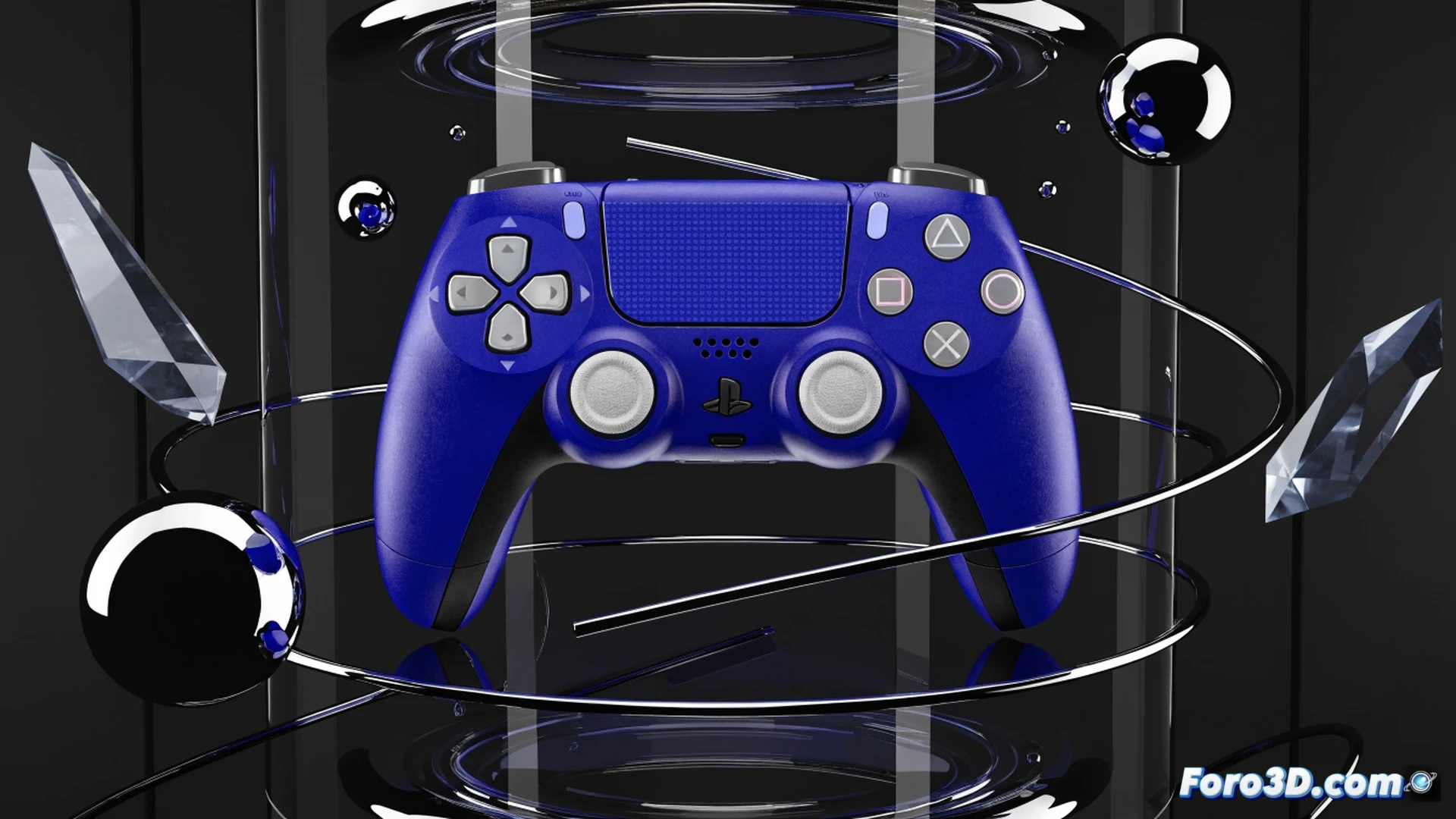 DualSense controller Icon Blue Special Edition floating in a dark Japanese electronics showroom display case, glowing blue LED strips illuminating the controller surface, iconic PlayStation symbols embossed on the touchpad and grip area, a single pair of robotic assembly arms holding the controller mid-air while a holographic price tag shows yen currency symbol, background showing a digital world map with Japan highlighted in blue and other regions grayed out, engineering visualization style, photorealistic render, sharp reflection on glossy plastic surface, subtle motion blur on the assembly arms, dramatic spotlight from above, ultra-detailed button textures and metallic blue paint finish, cinematic product showcase lighting