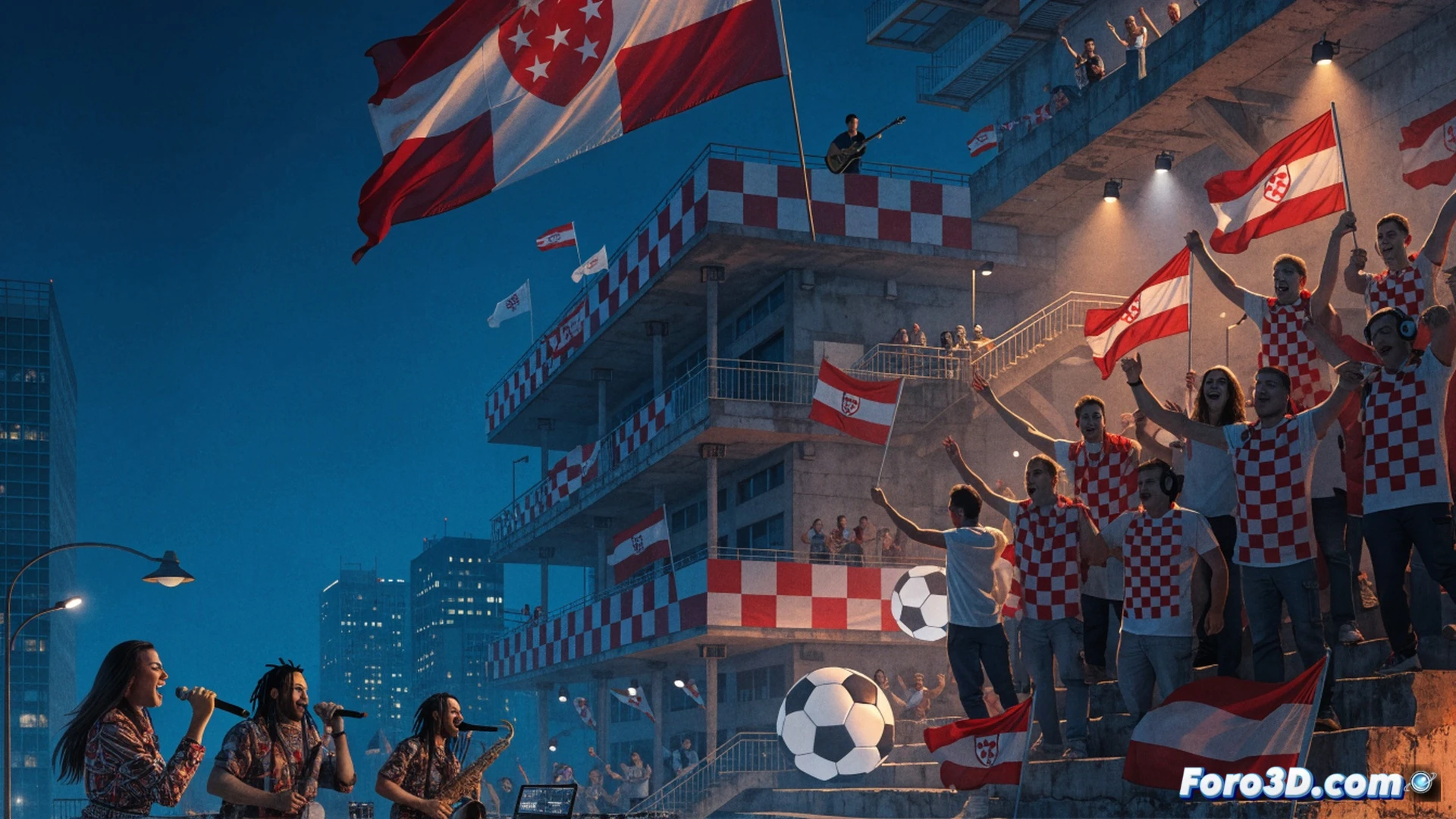 Bosnian football stadium pitch at night, crowd waving red-and-white flags, a massive sound system on stage with Dubioza Kolektiv band performing, microphone in lead singer's hand while guitarists and drummer play energetically, stage lights casting dramatic shadows, fans jumping and raising hands, motion blur from celebrating bodies, smoke machines creating haze, photorealistic concert scene, cinematic wide-angle shot, vibrant red and green stage lighting, emotional crowd atmosphere, technical stage equipment visible including speaker stacks and mixing console, ultra-detailed fabric textures on flags, realistic stadium architecture background