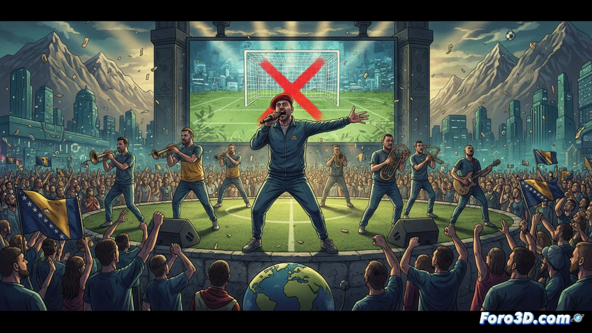 Bosnian football stadium at night, crowd holding mobile phones with glowing screens, band members on stage playing instruments while a large video screen shows a disputed goal replay from 2014, fans in national jerseys raising arms in protest, digital audio waveforms floating above the stage, mixing console with faders moving, guitar cables and microphone stands visible, smoke machines creating haze, cinematic photorealistic style, dramatic stadium lighting, intense emotional atmosphere, ultra-detailed crowd faces and instruments, motion blur on waving flags, technical concert visualization