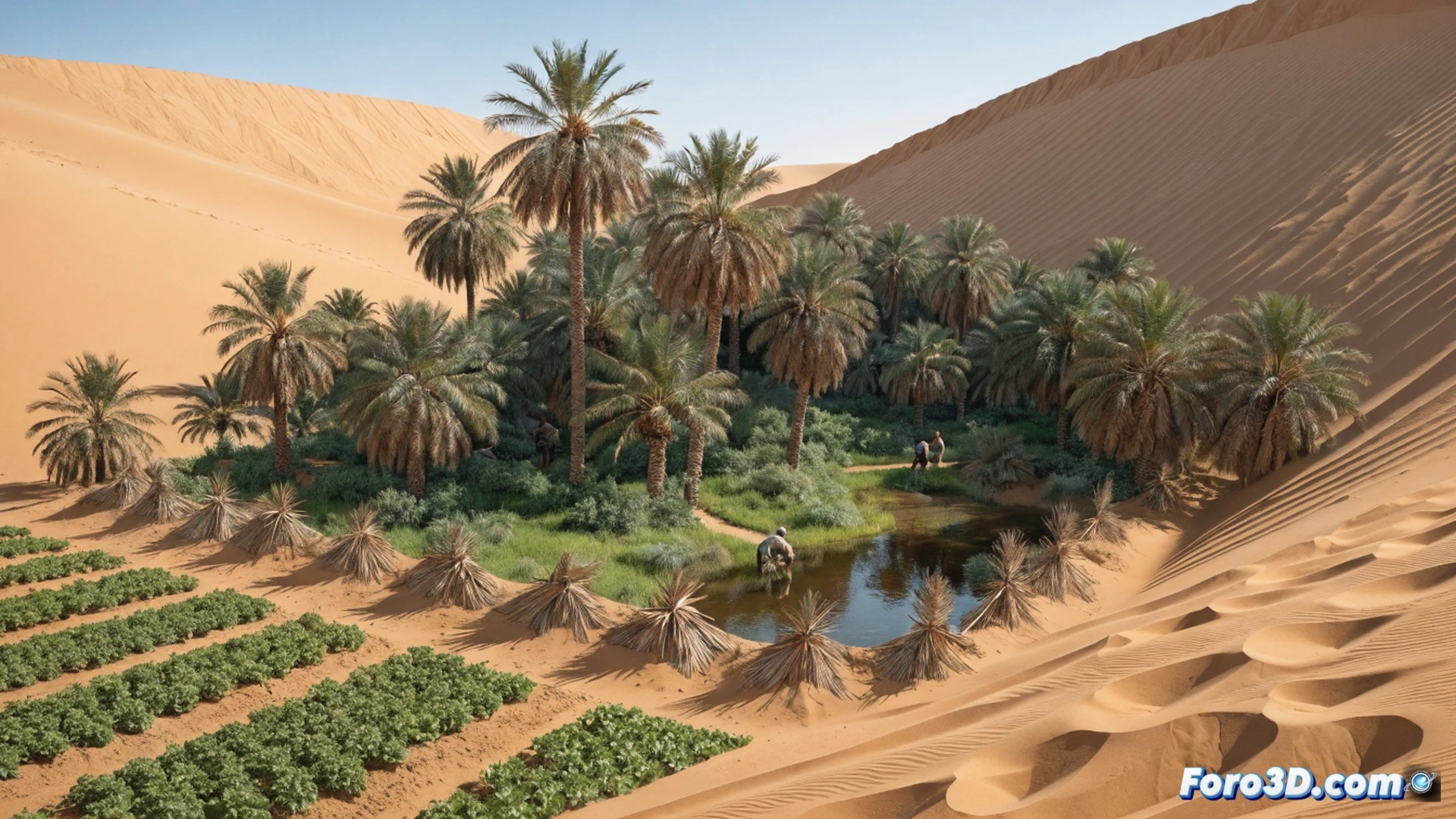 Sahelian oasis landscape at sunset, desert dunes advancing over palm groves, farmers constructing barriers using woven palm leaves, dry cracked earth and shrinking water pools visible, sand encroaching on date palms and irrigation channels, dramatic golden-brown lighting, intense heat haze distorting horizon, weathered hands placing palm frond barriers in sand, photorealistic documentary style, cinematic wide-angle composition, layers of dunes and palm silhouettes, ultra-detailed sand textures, climate crisis visual storytelling