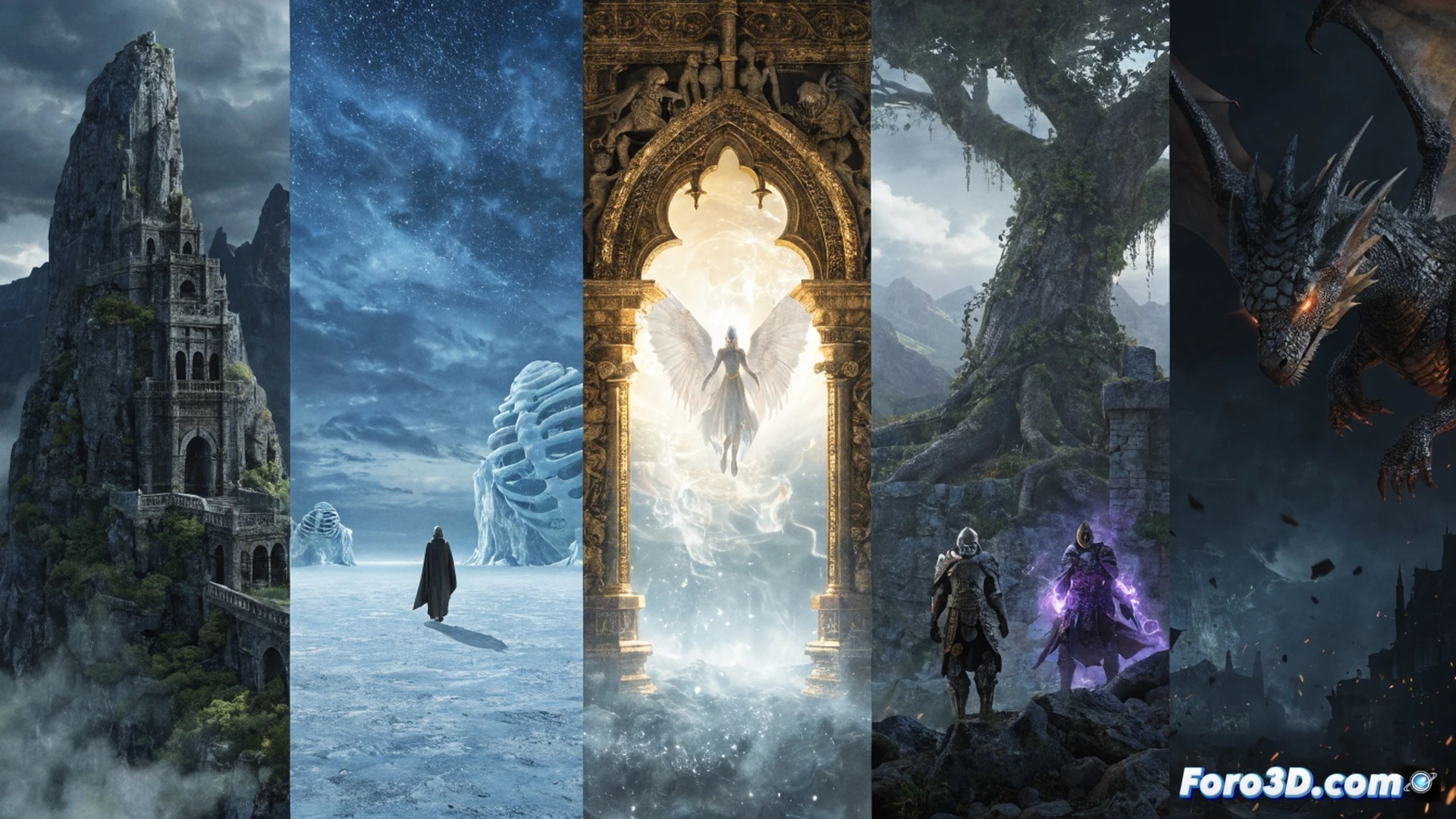 fantasy role-playing game table with dice and character sheets, five glowing TV screens hovering above the table each showing different fantasy scenes like dragon fights and castle sieges, a Dungeon Master screen with campaign notes visible, miniature figurines on a grid map, dice rolling mid-air with motion blur, controller or remote beside a laptop streaming interface, cinematic technical illustration, dramatic blue and gold lighting, photorealistic render, high detail on dice faces and screen reflections, dynamic action frozen in time