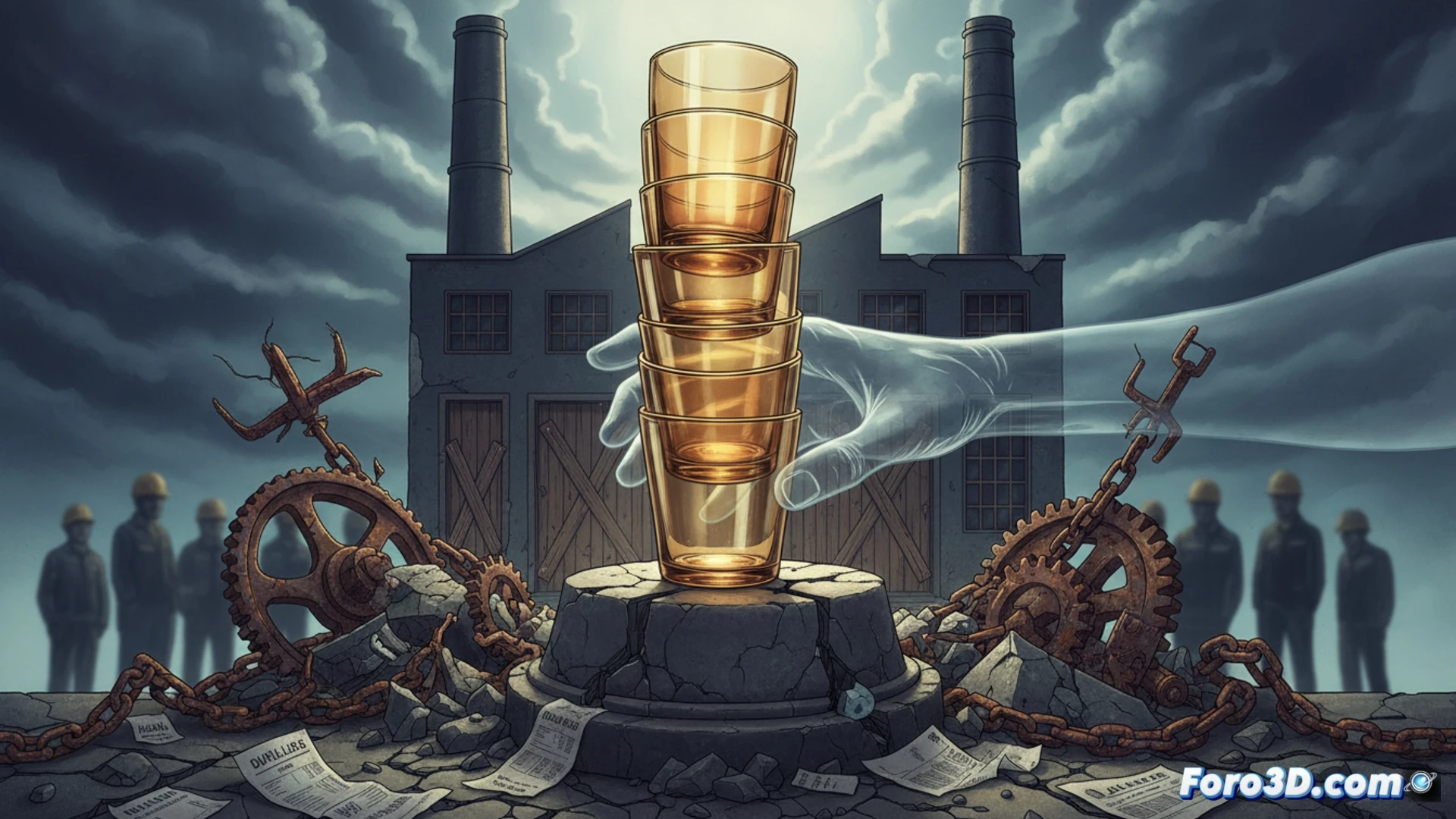 Duralex factory production line halted, tempered glass plates and tumblers stacked on conveyor belts covered in dust, empty worker stations with protective gloves and goggles abandoned mid-shift, industrial furnace cooling down with steam rising, cracked glass fragments scattered on concrete floor, cinematic photorealistic technical illustration, dramatic side lighting from high factory windows, cold blue and grey tones, mechanical arms frozen in place, deep shadows emphasizing stillness, ultra-detailed glass refraction and industrial textures