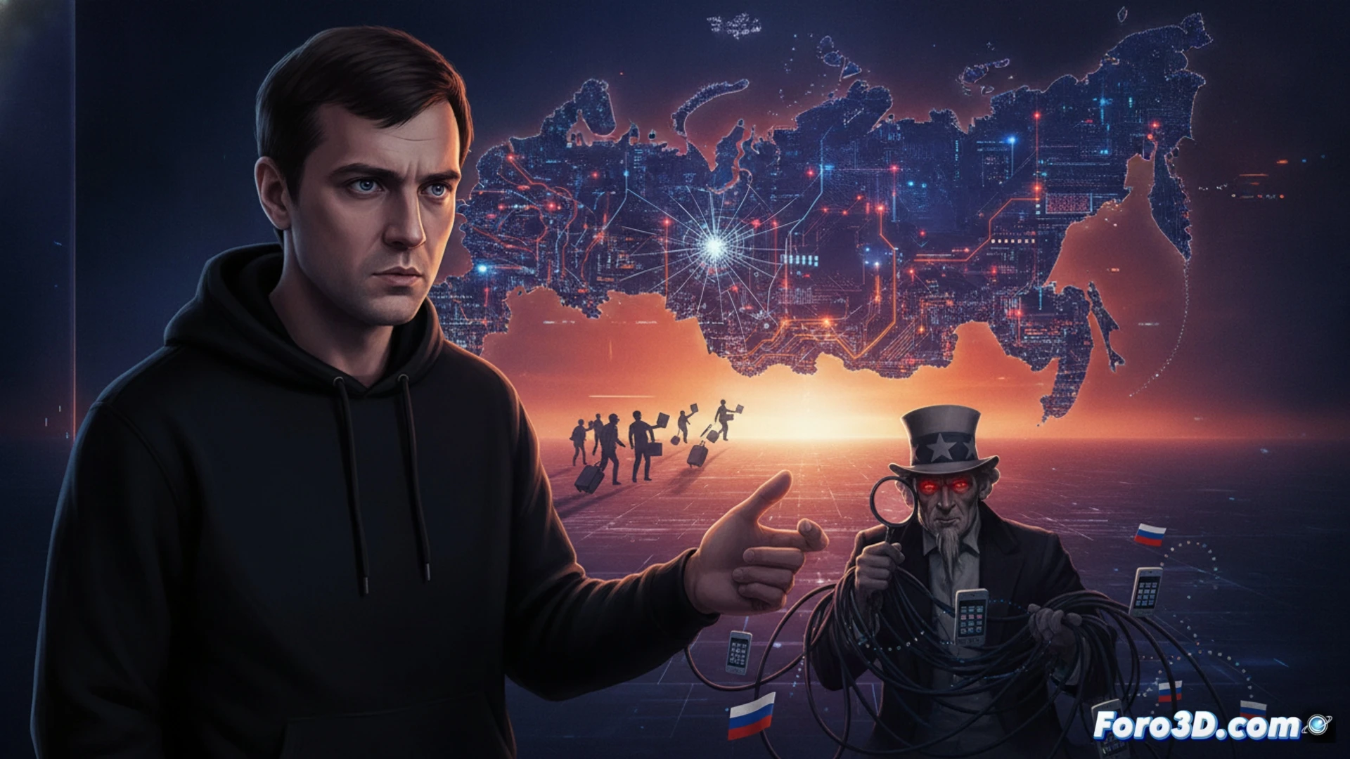Mobile OS architecture cross-section showing a Russian smartphone connected to US surveillance servers via transparent data cables, glowing red warning indicators on a fractured shield wall labeled in Cyrillic script, while a silhouetted programmer exits through a cracked door labeled brain drain, scattered code fragments and keyboard keys floating in mid-air, cinematic technical illustration, dark blue and red neon lighting, photorealistic engineering visualization, motherboard traces glowing like exposed veins, surveillance eye icons reflected on the phone screen, ultra-detailed circuit patterns, dramatic shadows, high-contrast industrial atmosphere