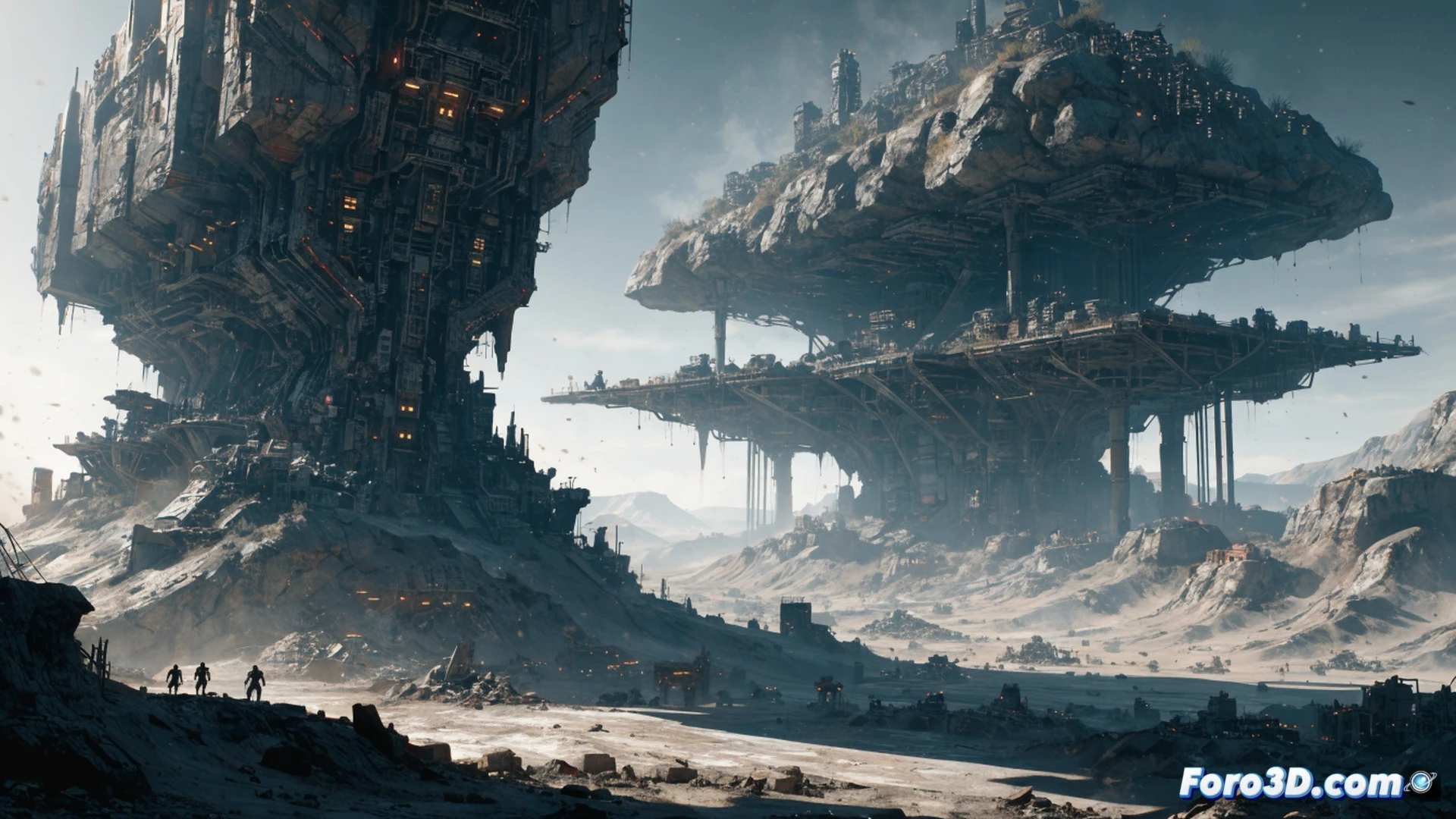 Devastated planet surface with dust storms swirling around a military base construction site, automated resource extractors harvesting glowing crystals while modular defense turrets deploy, holographic tactical map displaying enemy troop movements and resource nodes, cinematic RTS strategy visualization, photorealistic sci-fi aesthetic, orange-brown atmospheric haze, dynamic lighting from explosions and base lights, mechanical arms assembling prefab structures, particle effects of dust and debris during construction process, wide shot showing base expansion across cracked terrain, ultra-detailed vehicles and infantry units in motion