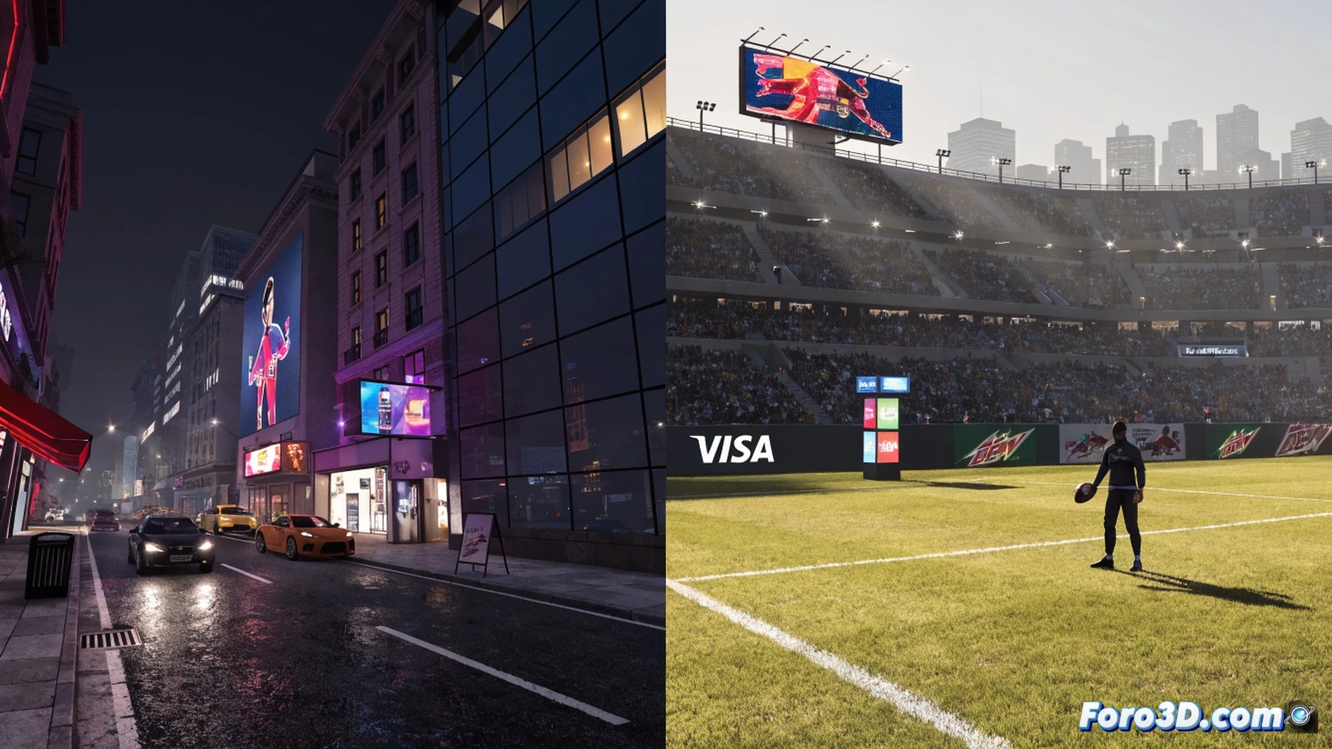 futuristic gaming room interior, player holding a controller while a virtual soccer match runs on a curved monitor, a Visa logo hologram floats near the goalpost, a Red Bull can morphs into a stadium banner, Mountain Dew bottle glowing on a digital billboard, a Sims character walks past a branded vending machine, software interface on a tablet showing EA Advertising dashboard with sliders and toggle switches, cinematic photorealistic render, neon blue and orange lighting, ultra-detailed textures, dynamic action during gameplay, no text or numbers visible
