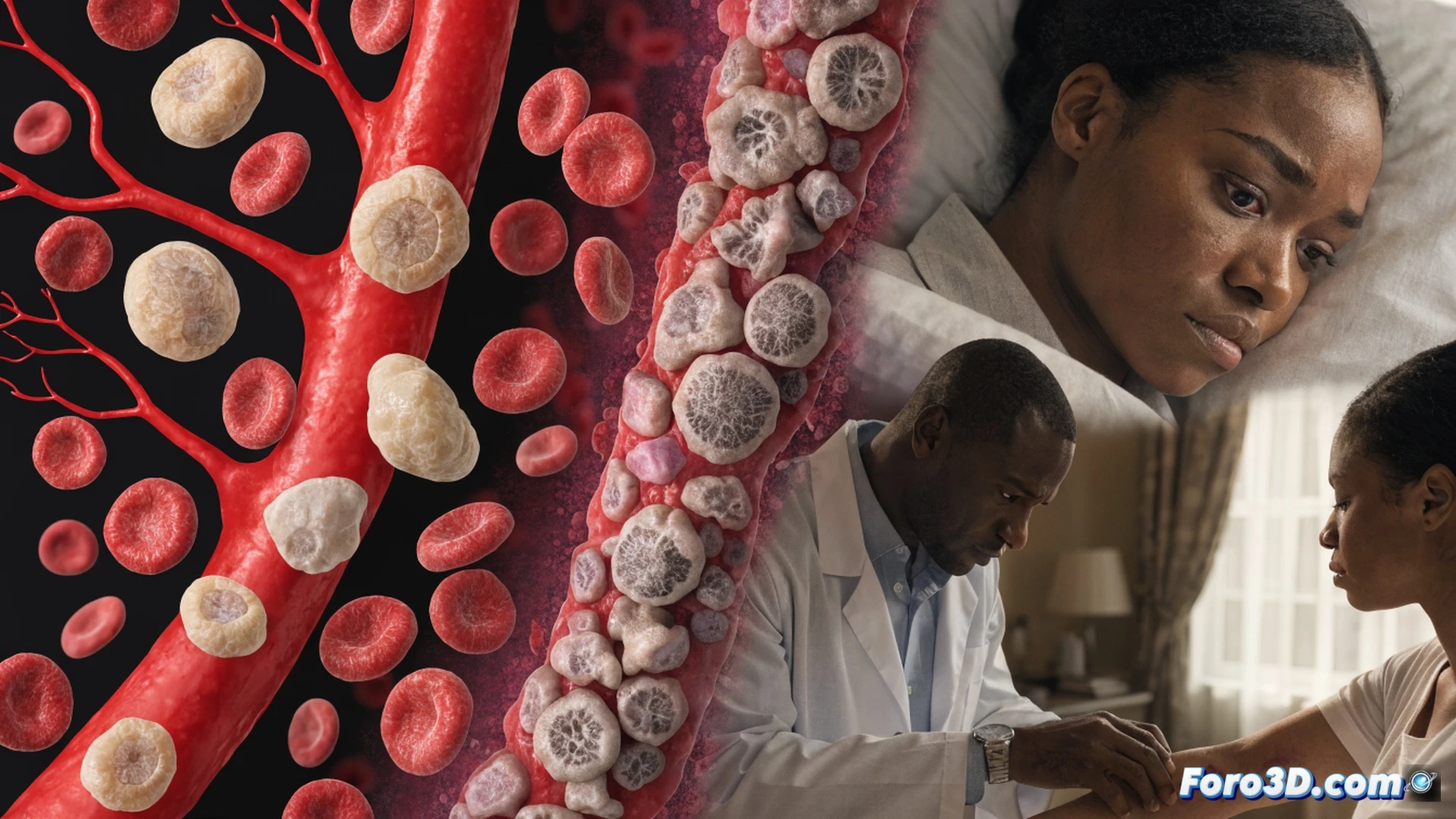 Hospital room scene, a young Black woman with braided hair and a hospital gown sitting on an examination bed, a doctor in a white coat holding a tablet showing blood cell diagrams, a nurse adjusting an IV drip with a leukemia awareness ribbon on her badge, sunlight casting shadows through vertical blinds, medical monitors displaying vital signs, fatigue visible in the woman’s posture, a bruise on her forearm, photorealistic cinematic lighting, deep focus on her expression of concern, medical equipment in background, warm but clinical color palette.