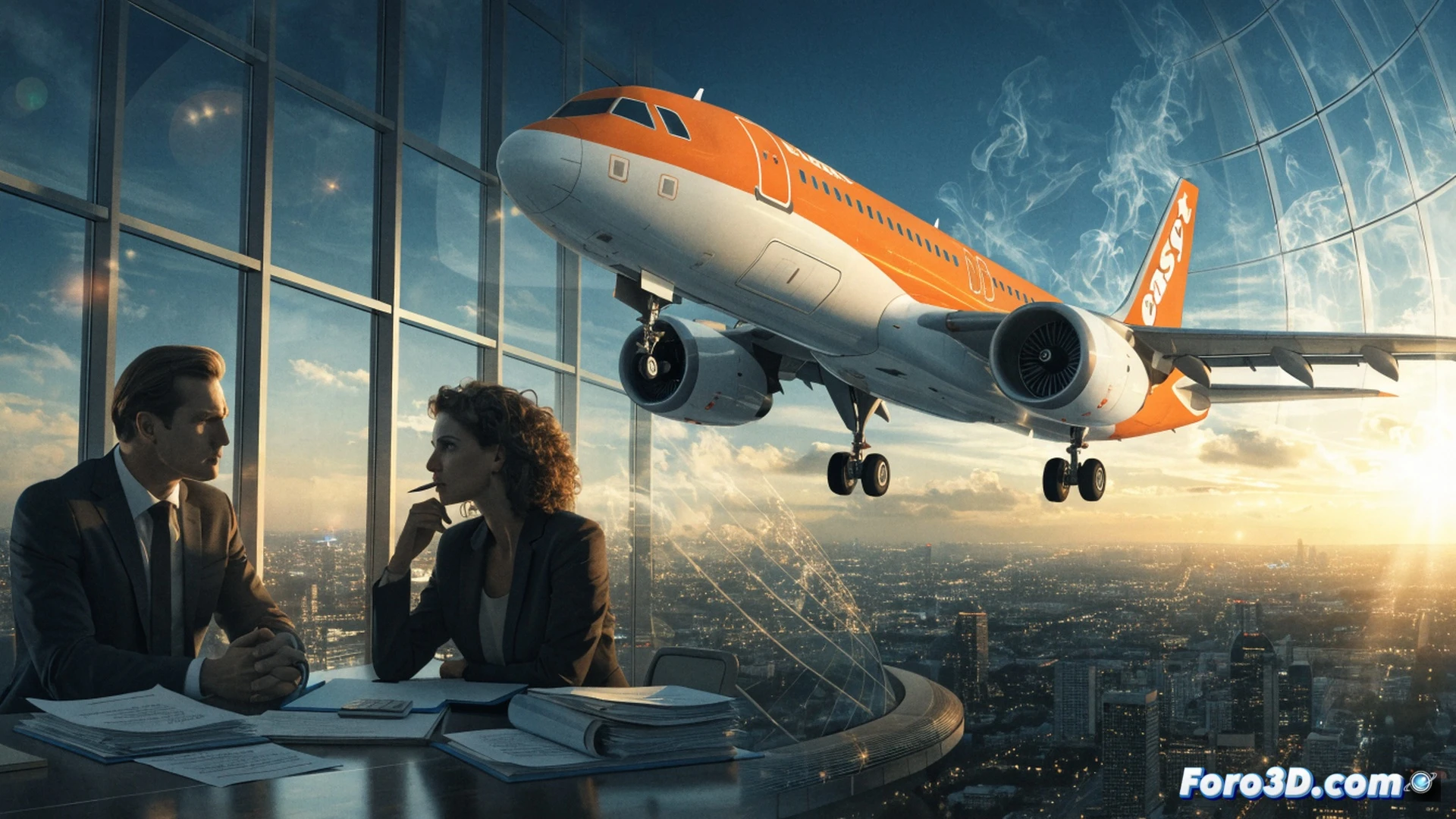low-cost airline EasyJet aircraft nose section in cross-section view, a massive metallic hook labeled takeover offer being deflected away by a reinforced titanium barrier labeled current business plan, fuel price arrow graph rising steeply on a holographic display inside a cockpit, glowing red rejection indicator lights flashing, photorealistic engineering visualization, dramatic side lighting on composite materials, sharp focus on mechanical deflection action, cinematic industrial render, ultra-detailed cockpit instruments and wiring